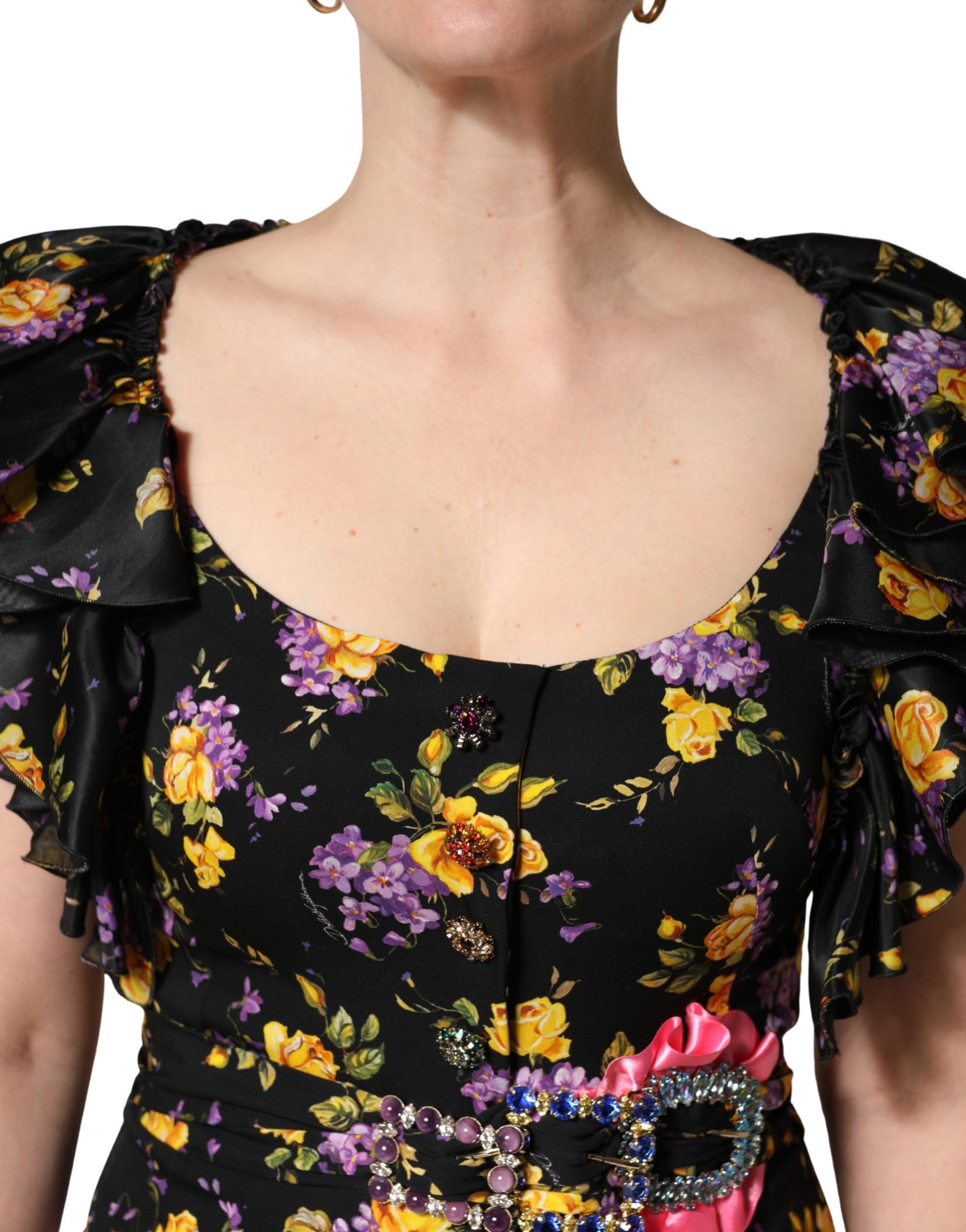 Dolce &amp; Gabbana Black Purple Crystal Brooch Silk Midi Dress