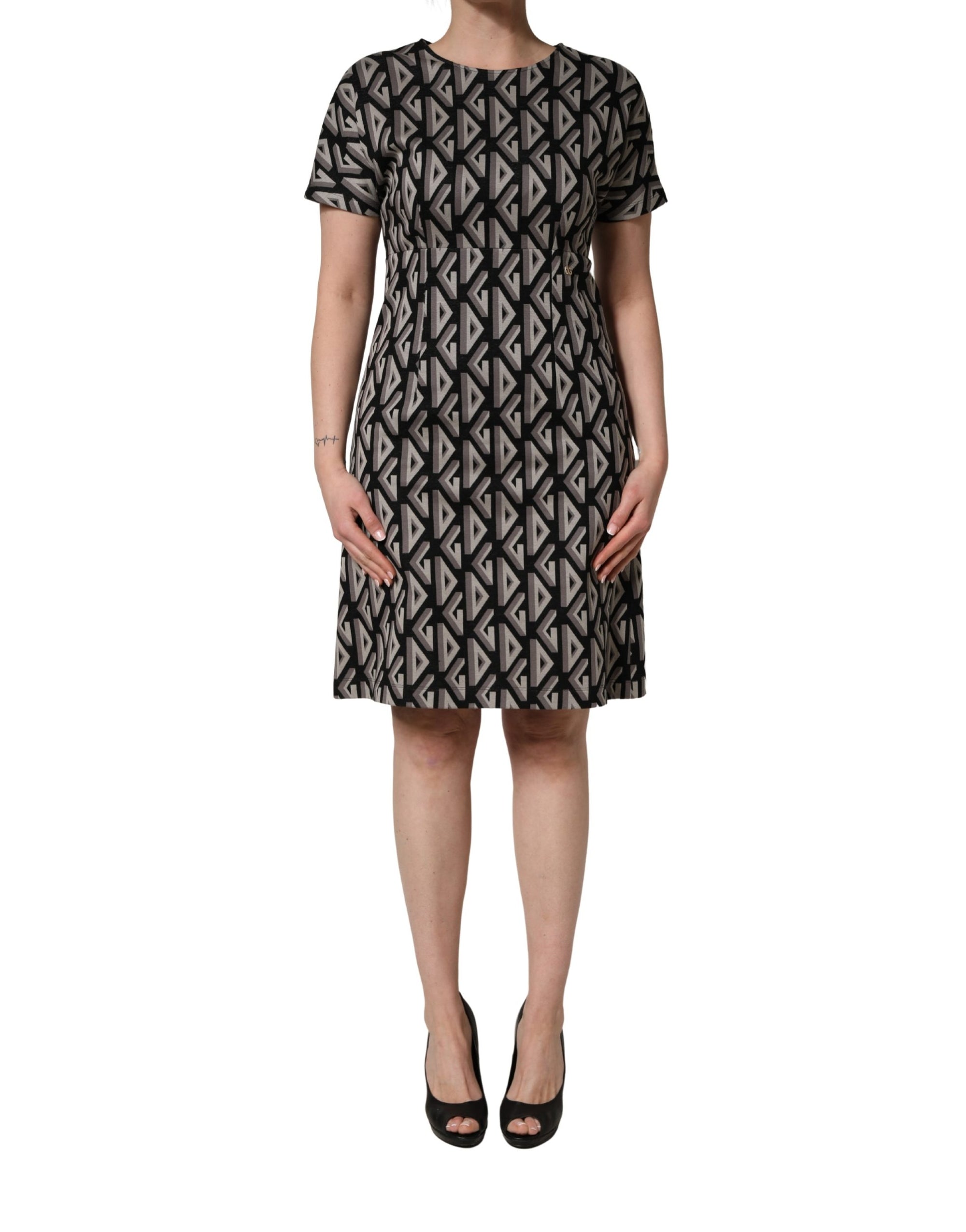 Dolce &amp; Gabbana Black Logo Print Cotton Knee Length Dress