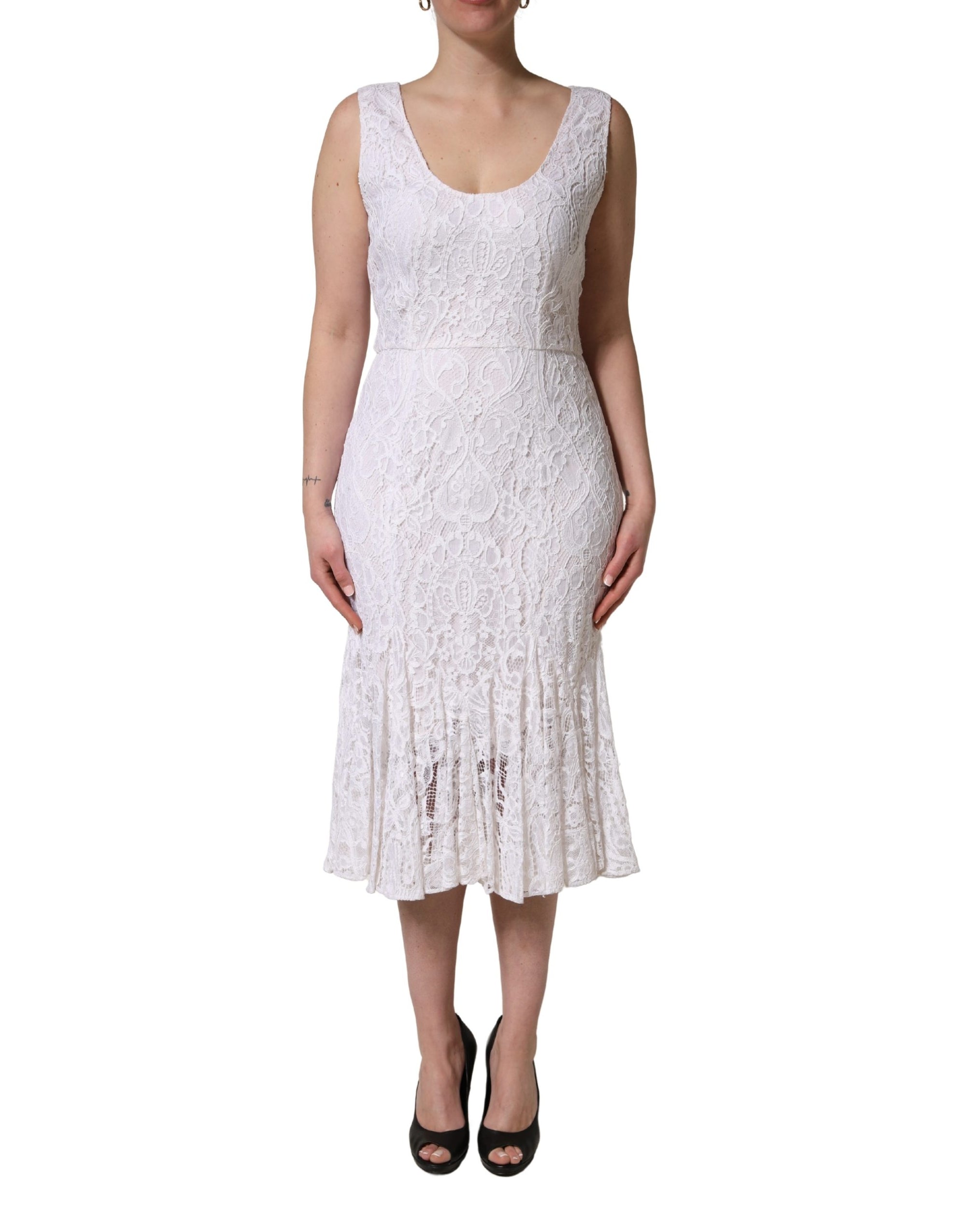 Dolce &amp; Gabbana White Floral Lace Sleeveless Midi Dress