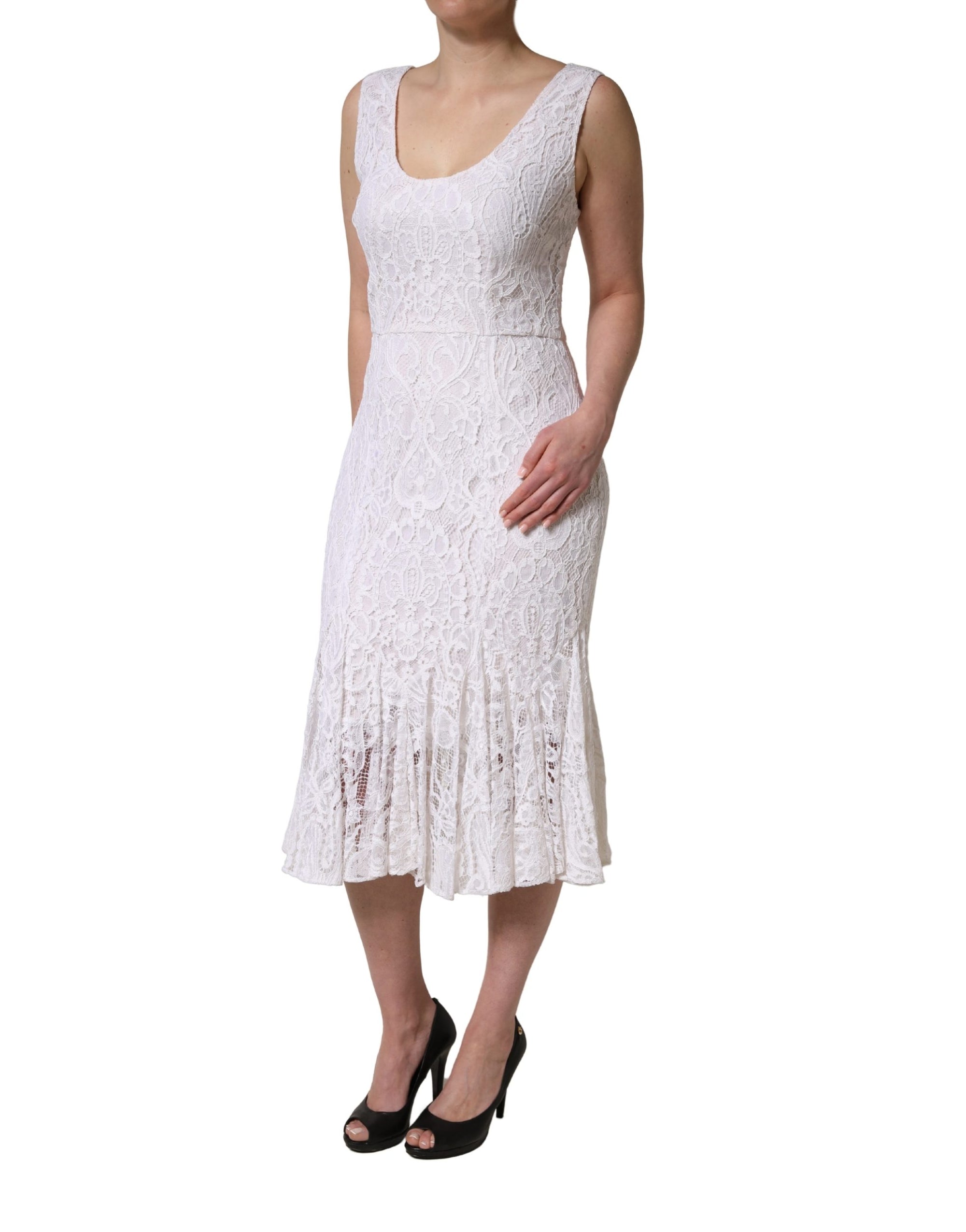 Dolce &amp; Gabbana White Floral Lace Sleeveless Midi Dress