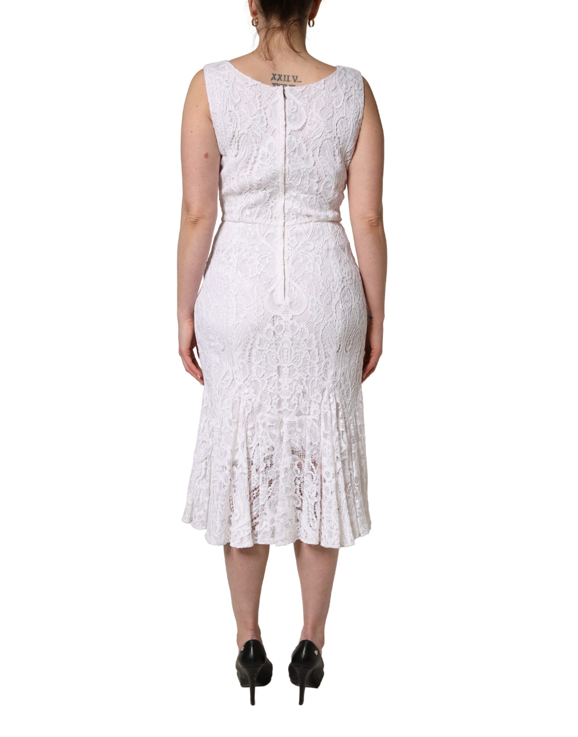Dolce &amp; Gabbana White Floral Lace Sleeveless Midi Dress