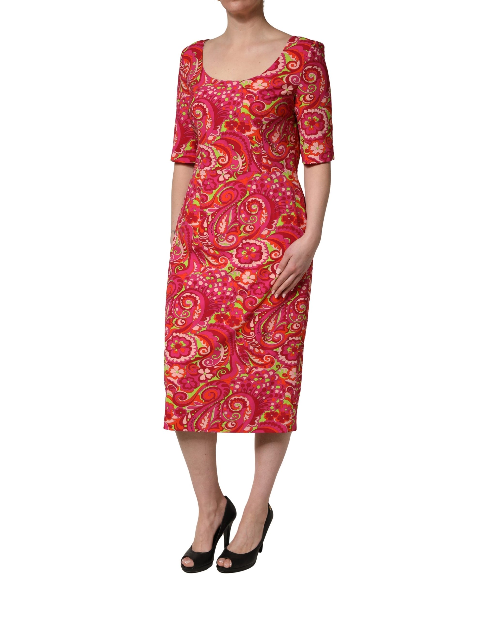 Dolce &amp; Gabbana Red Paisley Floral Print Sheath Midi Dress