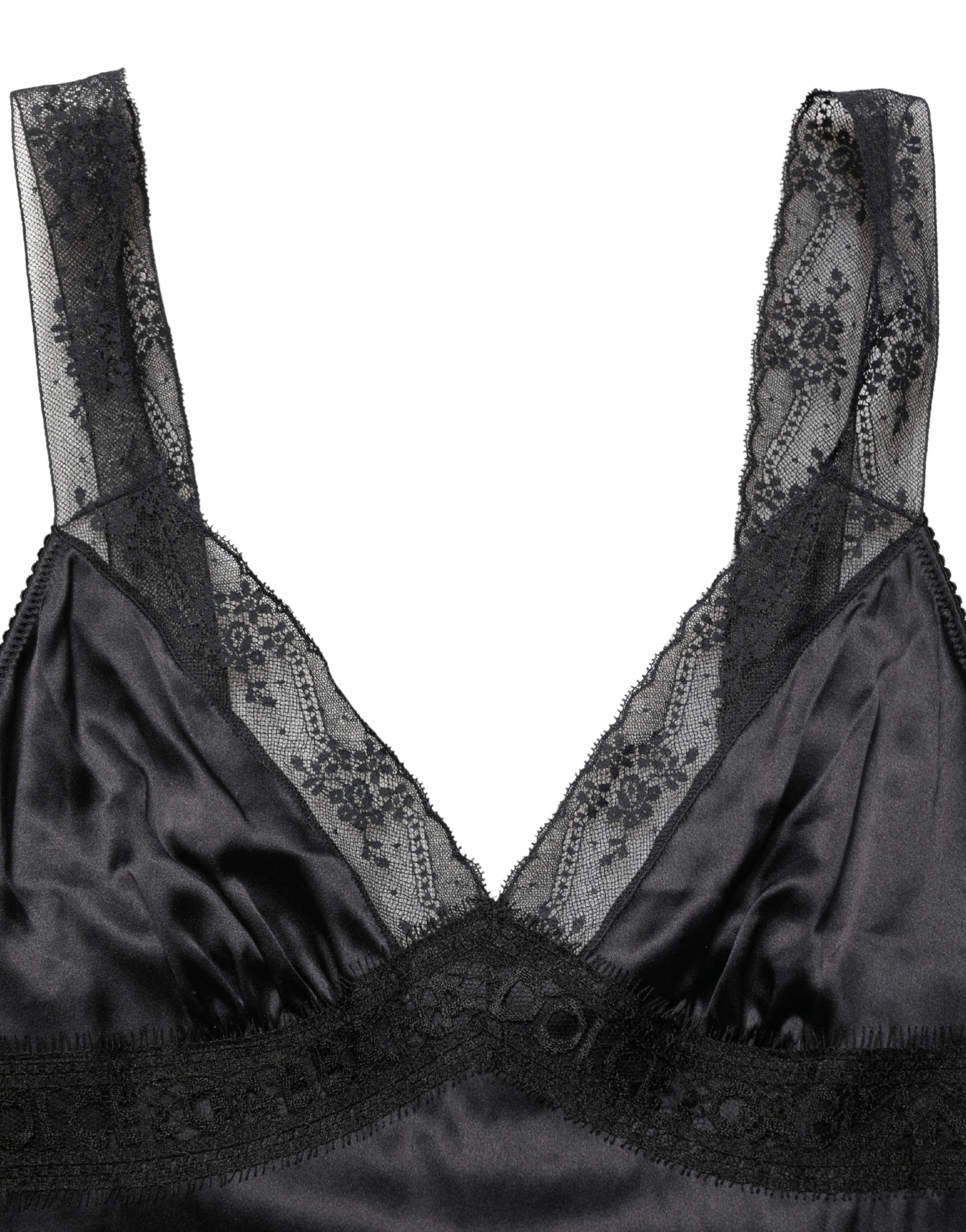 Dolce &amp; Gabbana Black Silk Lace Trim Camisole V-neckline Tank Top
