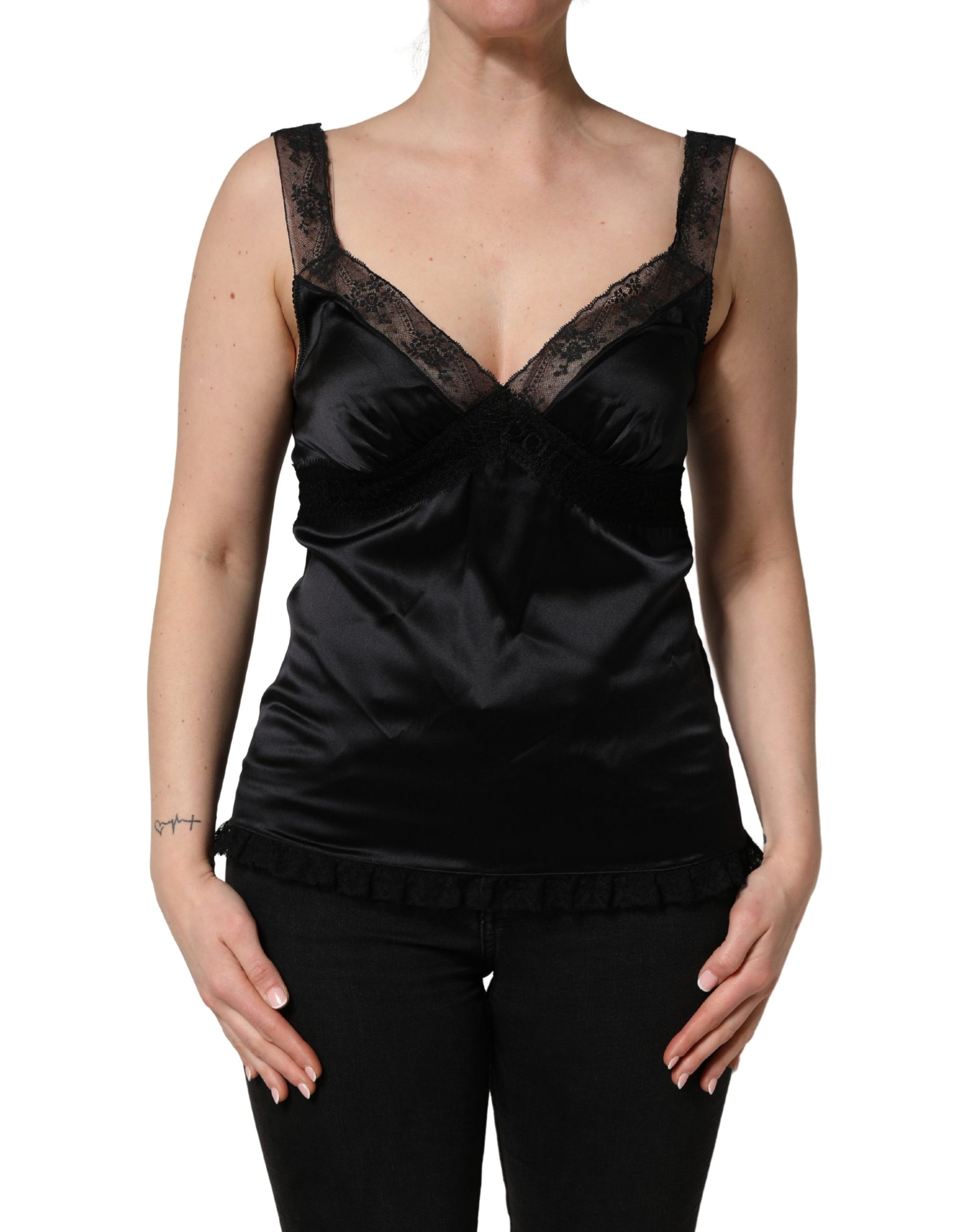 Dolce &amp; Gabbana Black Silk Lace Trim Camisole V-neckline Tank Top
