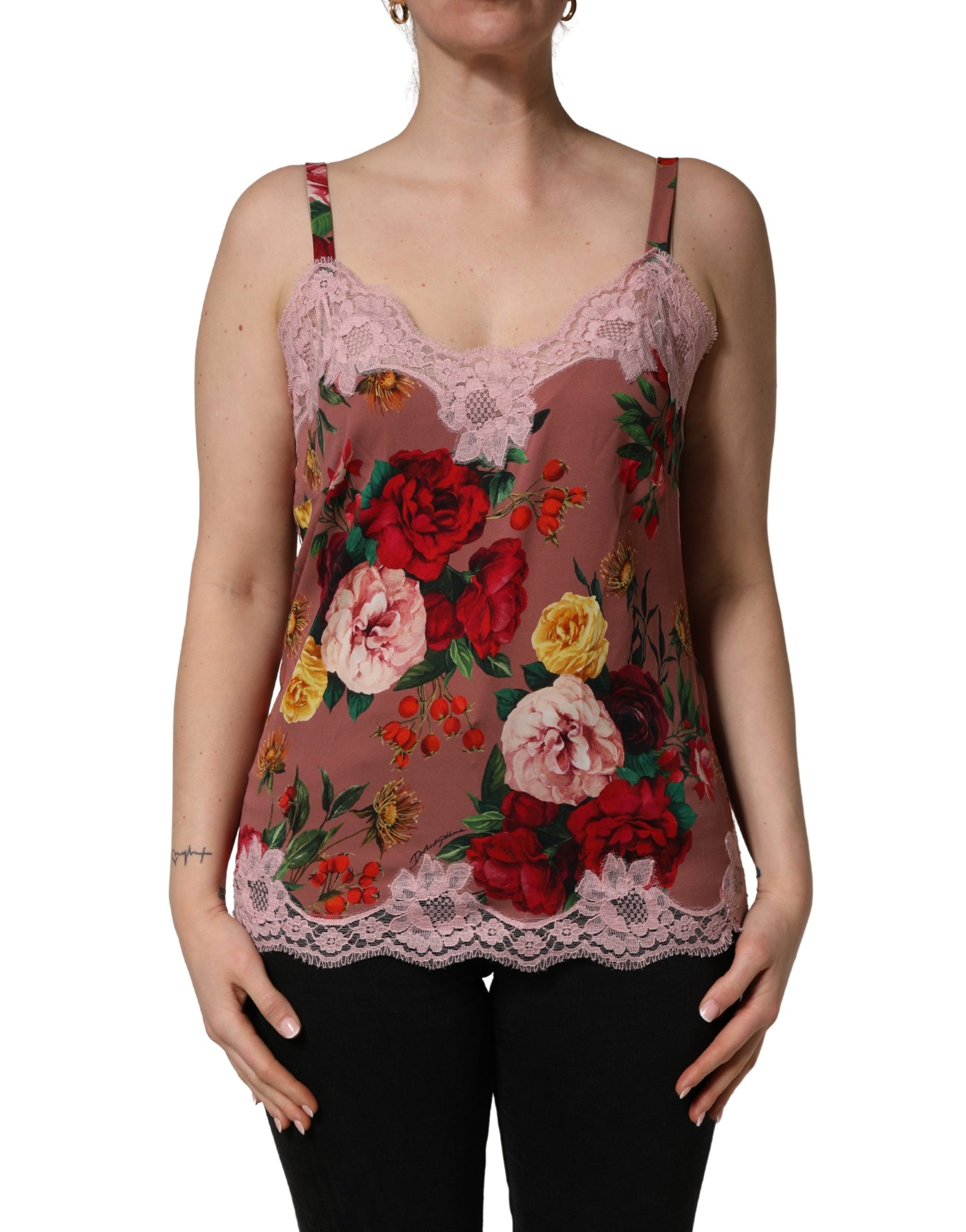 Dolce &amp; Gabbana Brown Rose Print Satin Lace Camisole Tank Top