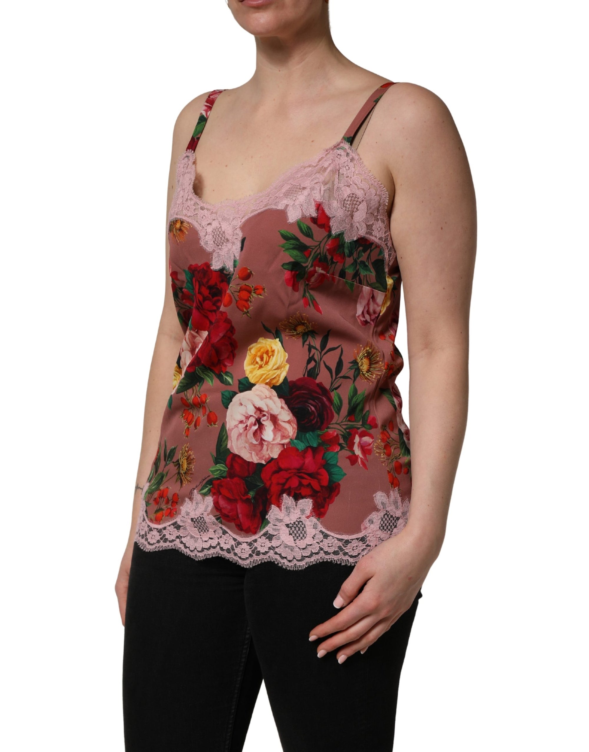 Dolce &amp; Gabbana Brown Rose Print Satin Lace Camisole Tank Top