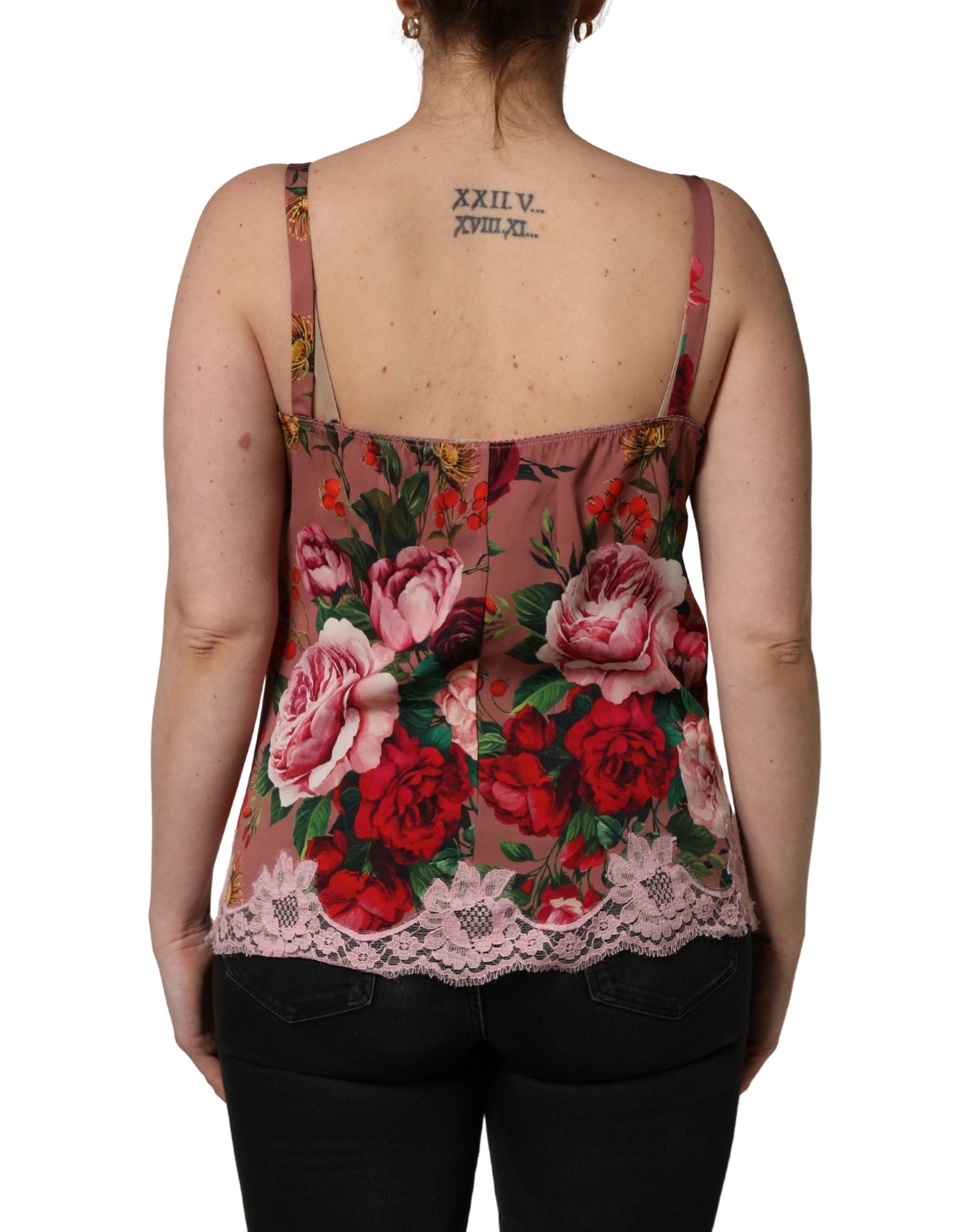 Dolce &amp; Gabbana Brown Rose Print Satin Lace Camisole Tank Top