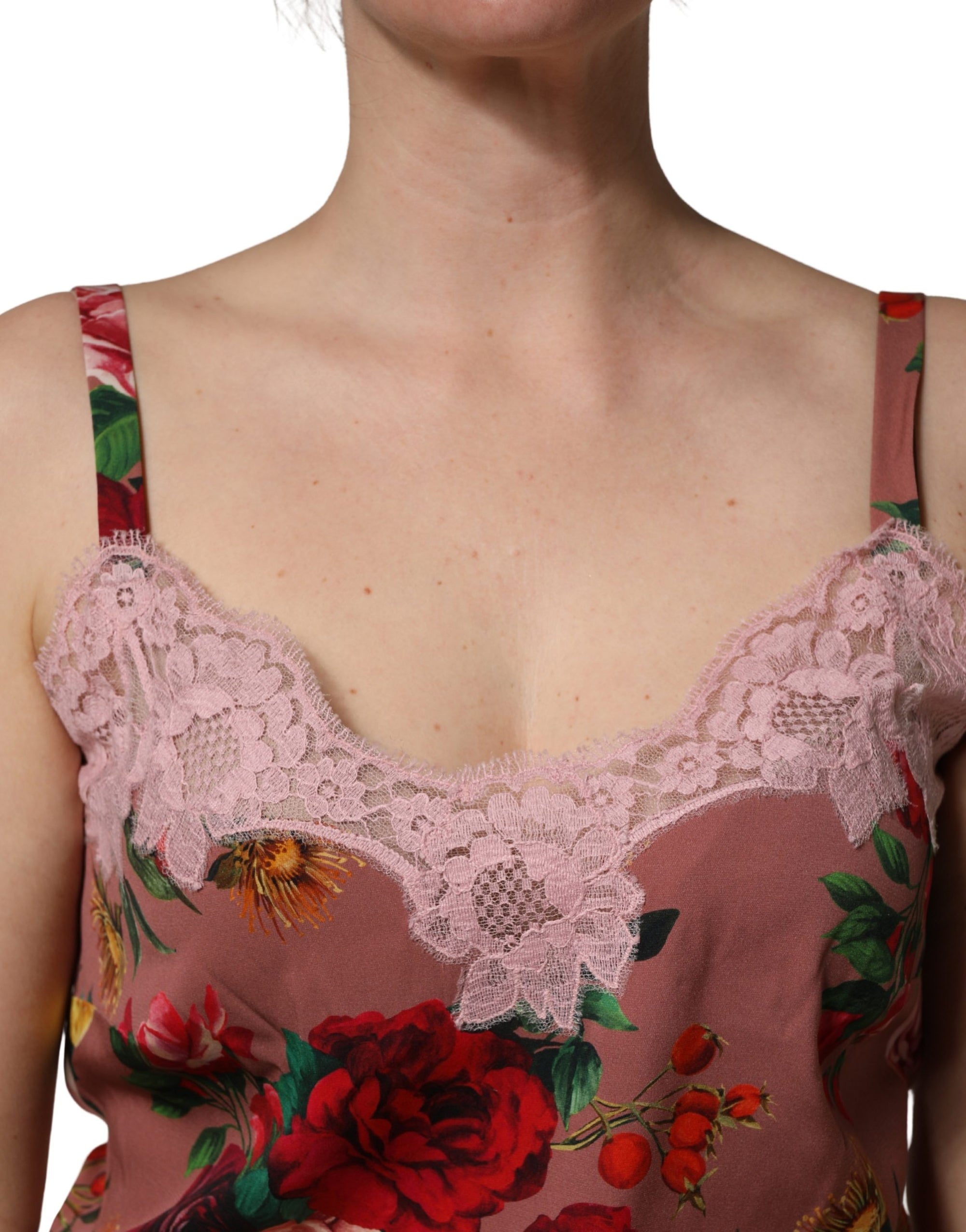Dolce &amp; Gabbana Brown Rose Print Satin Lace Camisole Tank Top