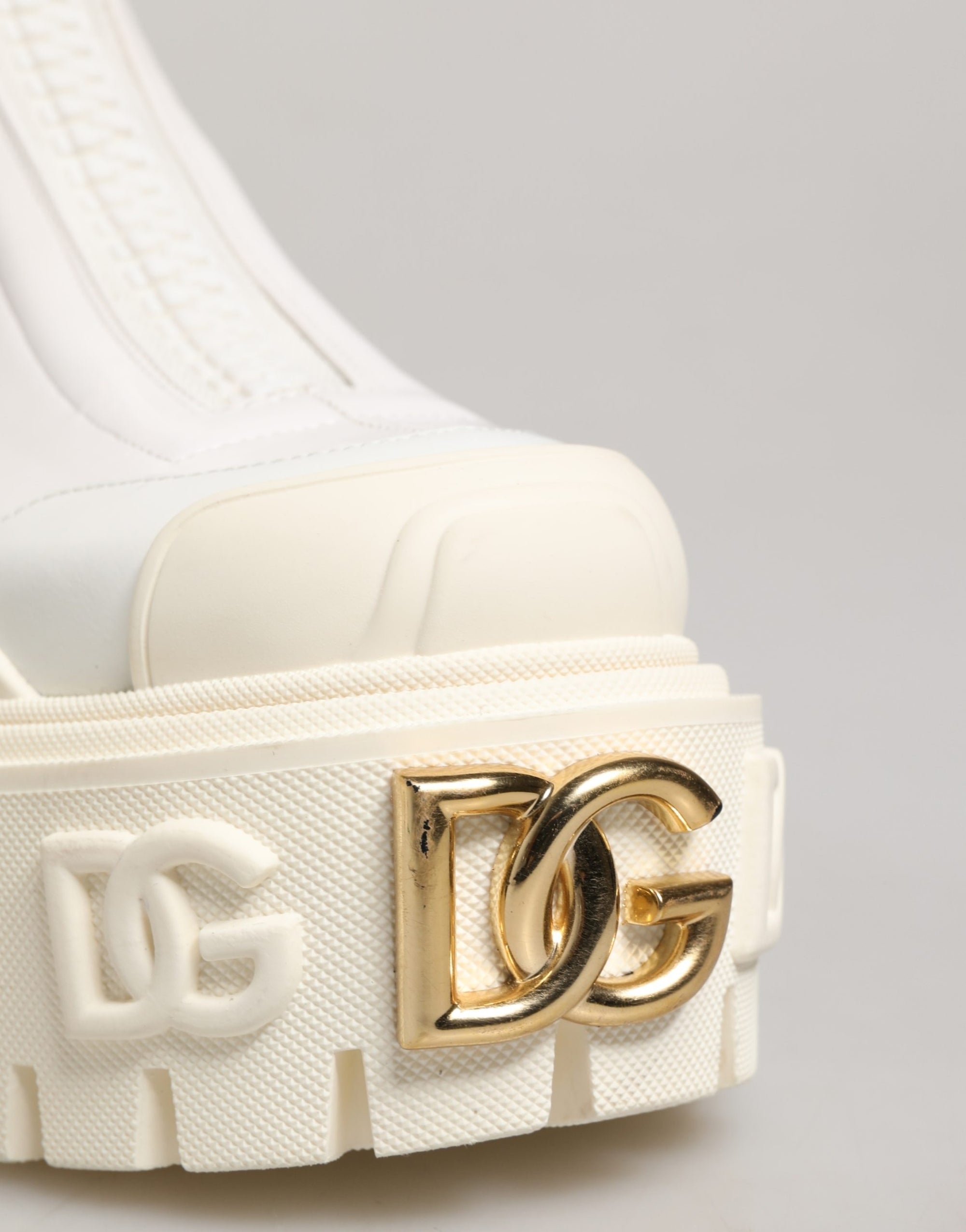 Dolce &amp; Gabbana White Leather Rubber Logo Ankle Boots Shoes