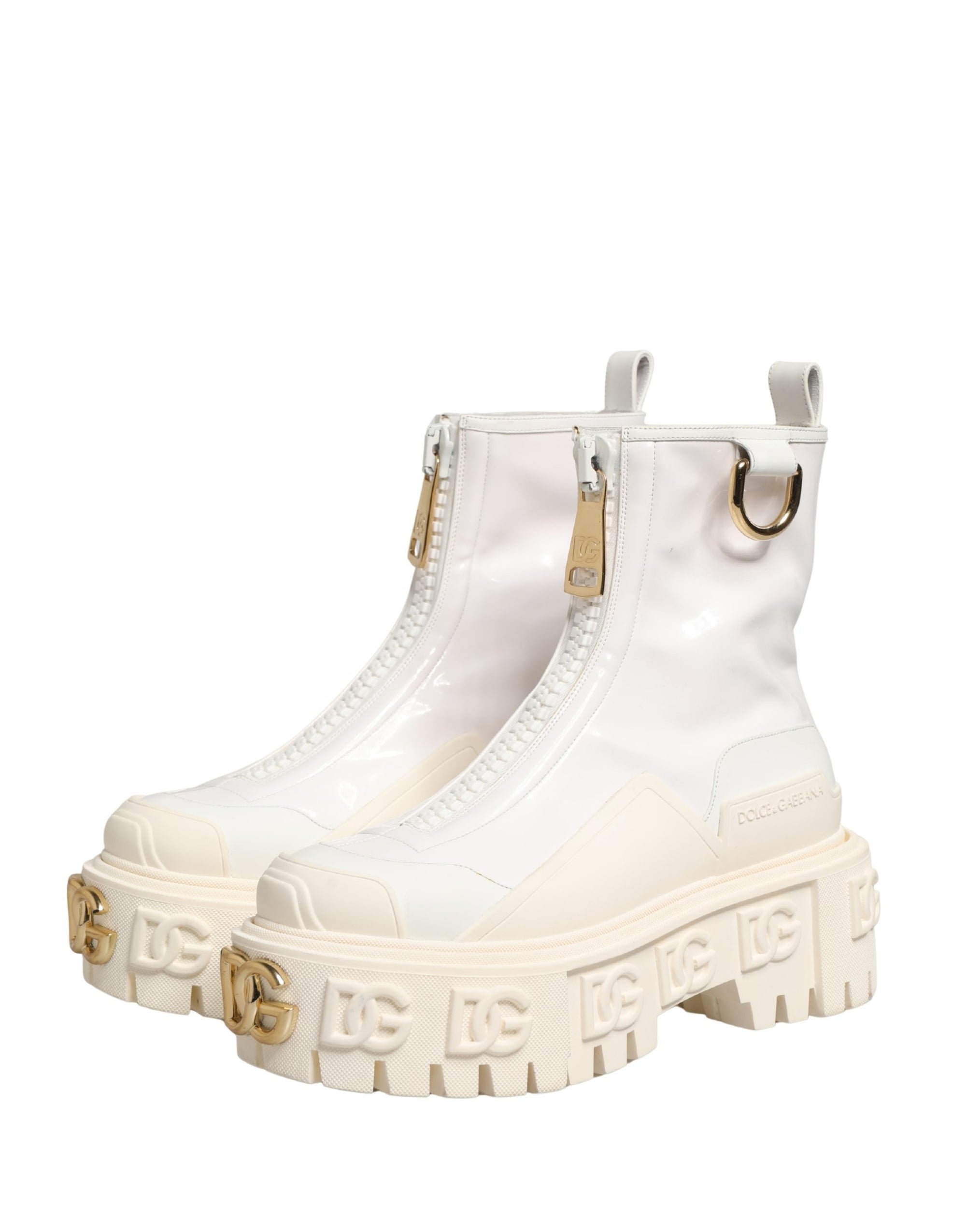 Dolce &amp; Gabbana White Leather Rubber Logo Ankle Boots Shoes