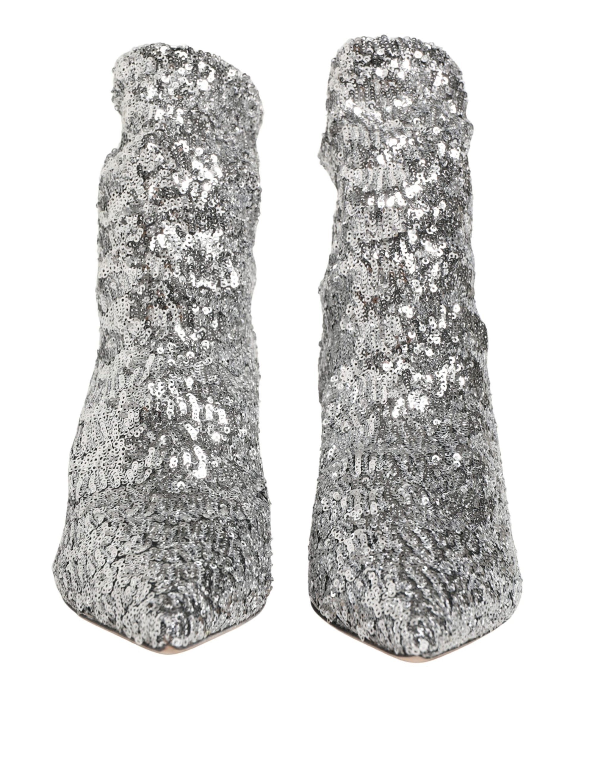Dolce &amp; Gabbana Silver Sequined Short Boots Stretch Shoes