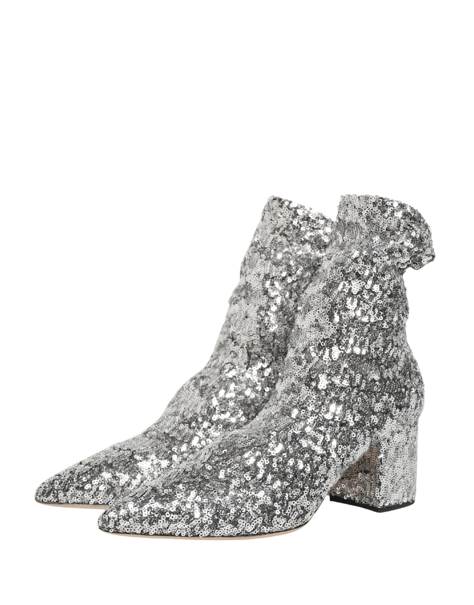 Dolce &amp; Gabbana Silver Sequined Short Boots Stretch Shoes