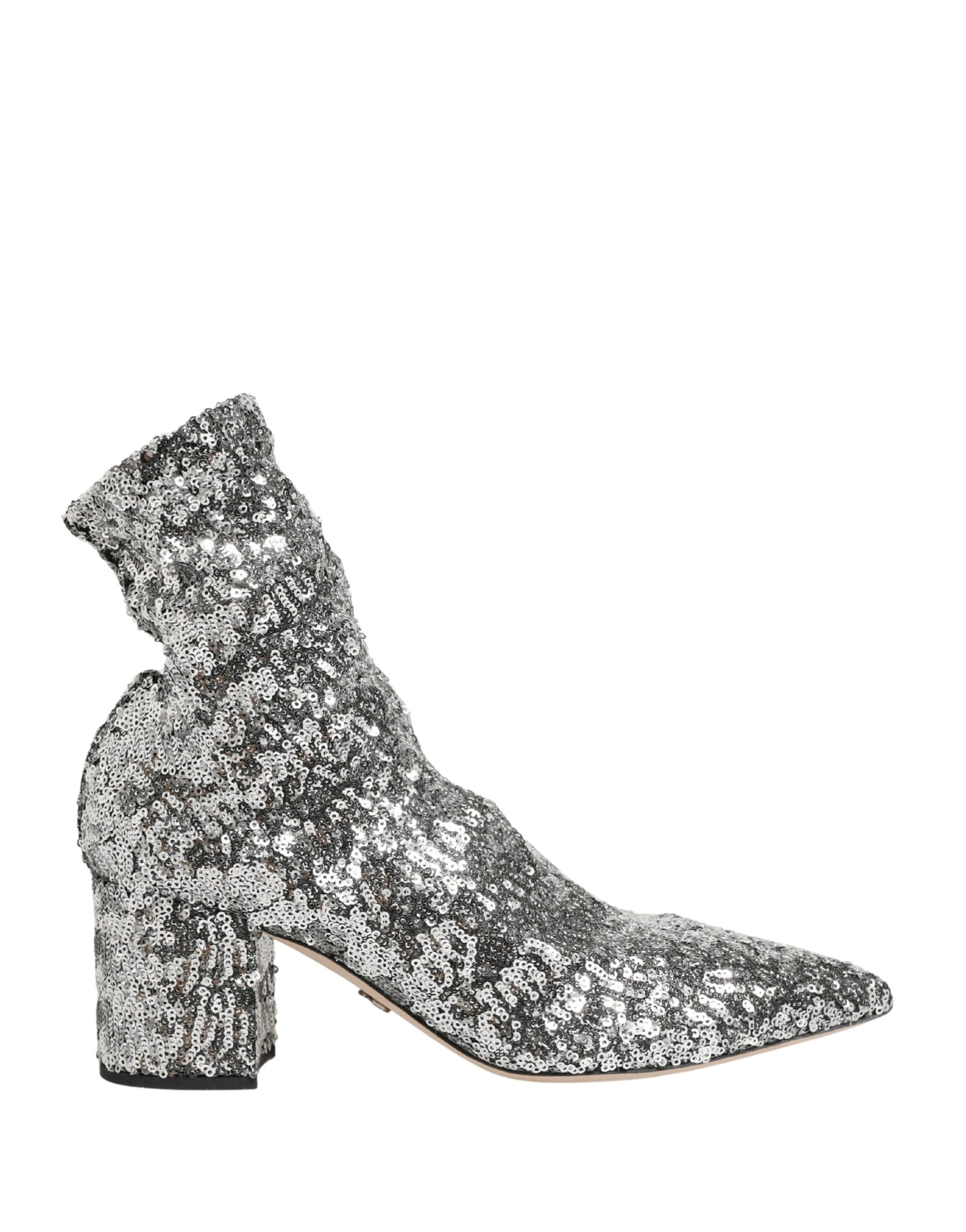 Dolce &amp; Gabbana Silver Sequined Short Boots Stretch Shoes