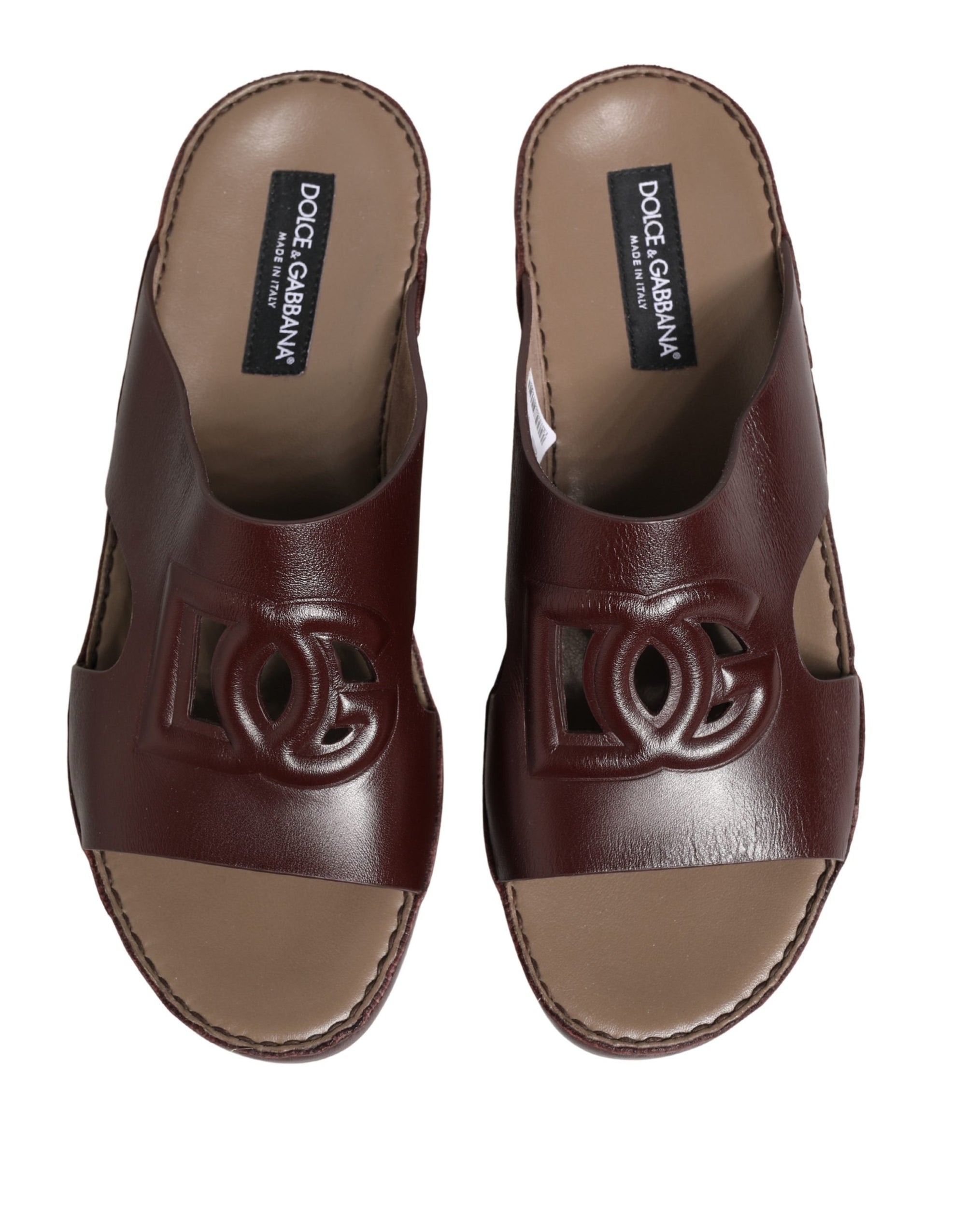 Dolce &amp; Gabbana Maroon Leather Cutout DG Logo Sandals Shoes