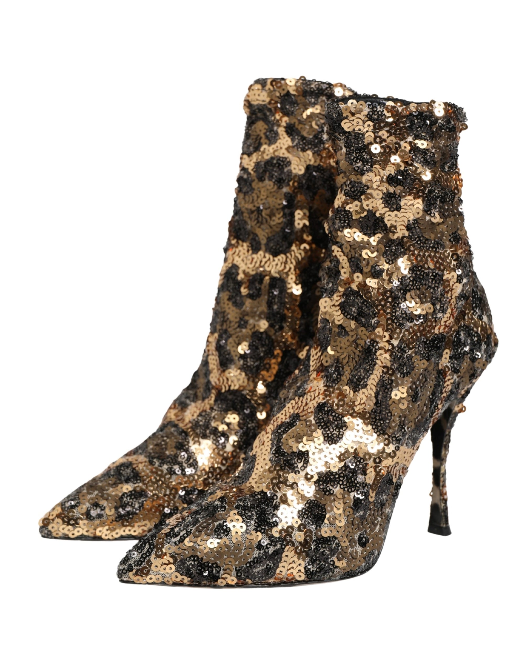 Dolce &amp; Gabbana Gold Leopard Sequin Sock Ankle Boots Shoes