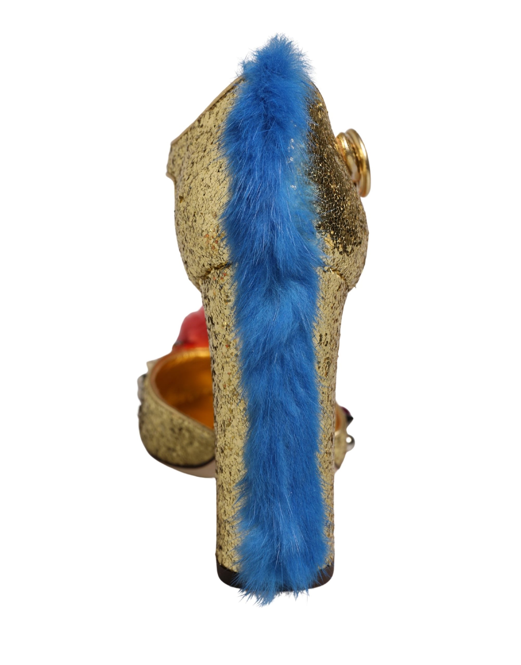 Dolce &amp; Gabbana Gold Fur Trim Glitter T-strap Sandals Shoes