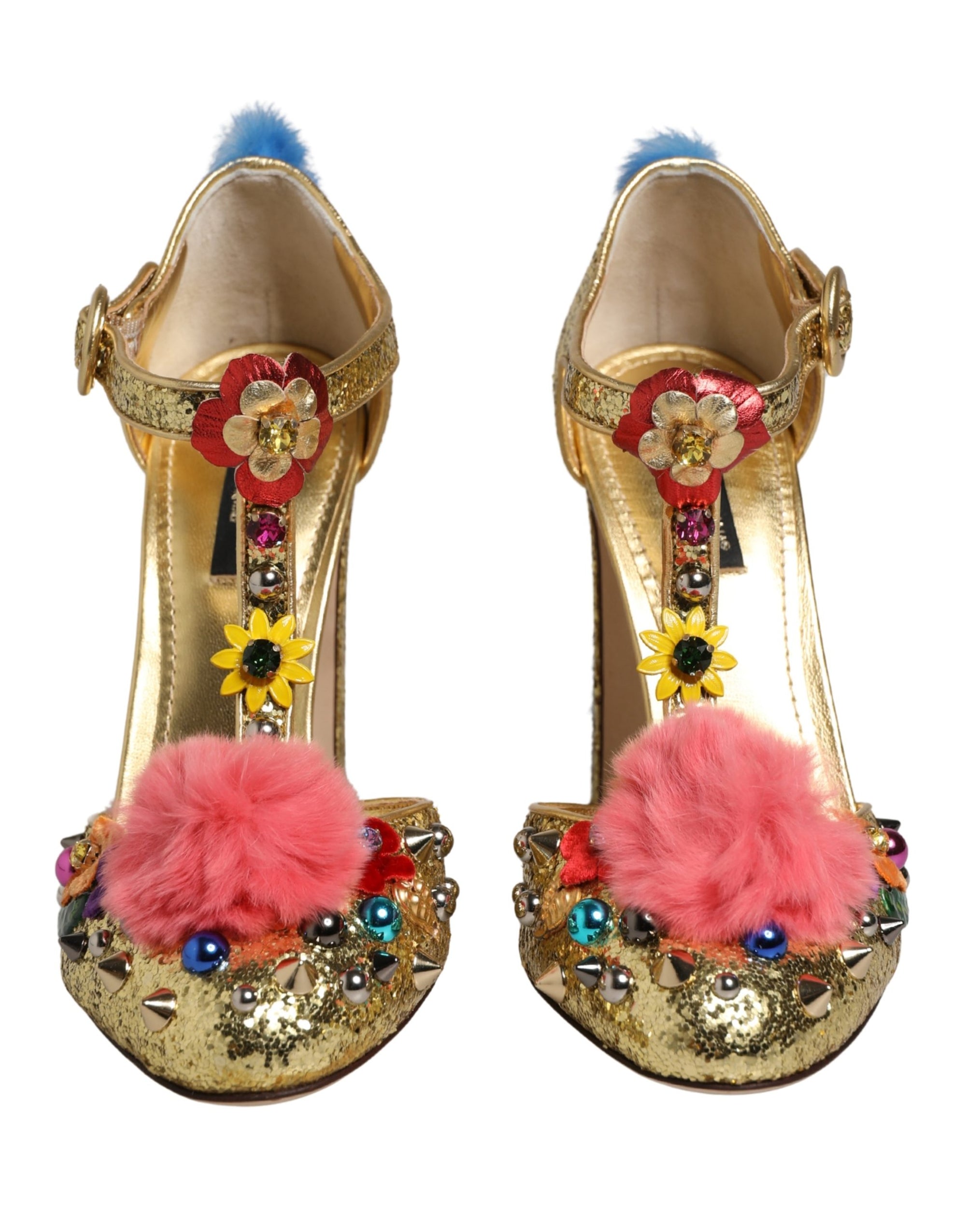 Dolce &amp; Gabbana Gold Fur Trim Glitter T-strap Sandals Shoes