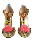 Dolce & Gabbana Gold Fur Trim Glitter T-strap Sandals Shoes
