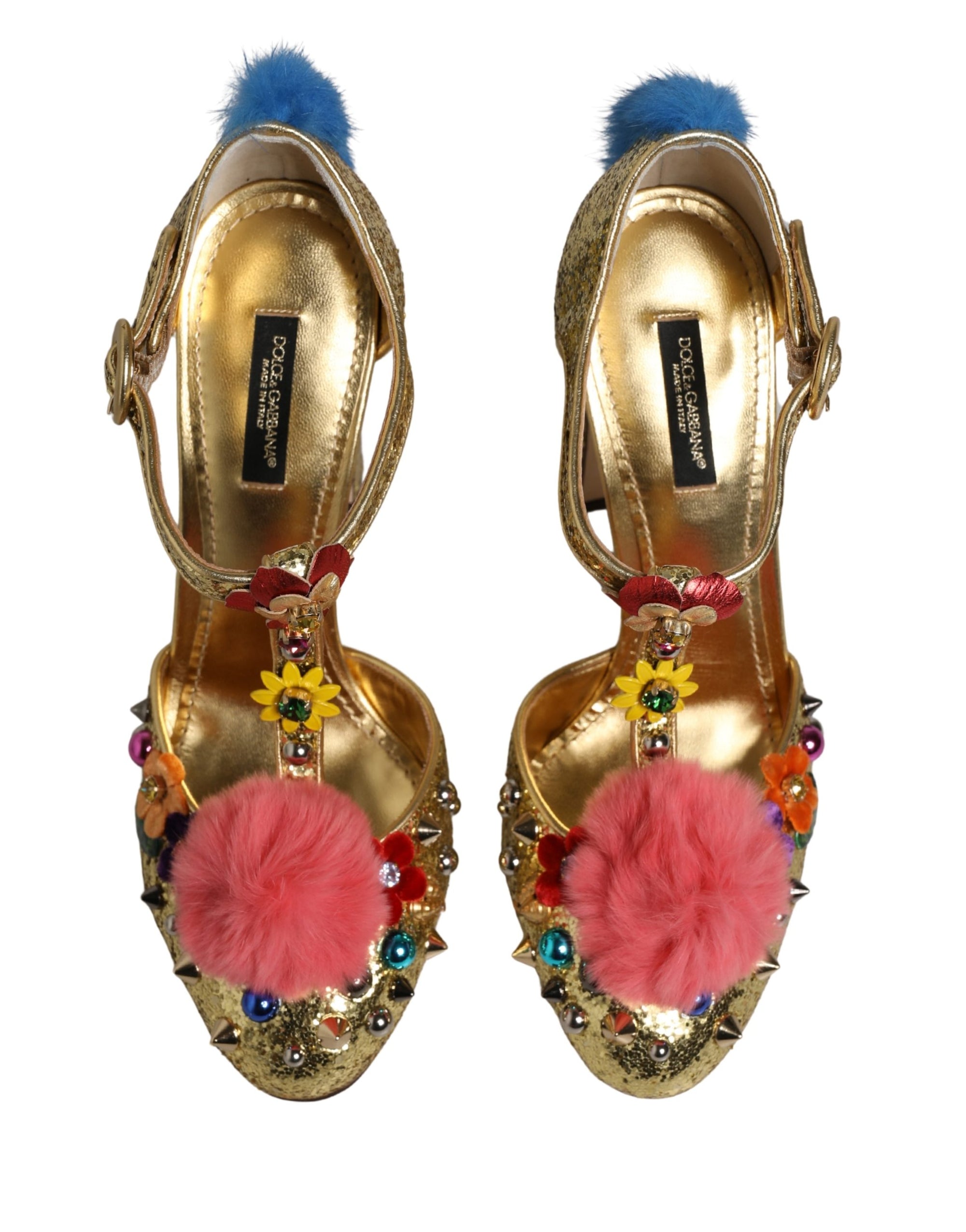 Dolce &amp; Gabbana Gold Fur Trim Glitter T-strap Sandals Shoes