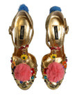 Dolce & Gabbana Gold Fur Trim Glitter T-strap Sandals Shoes