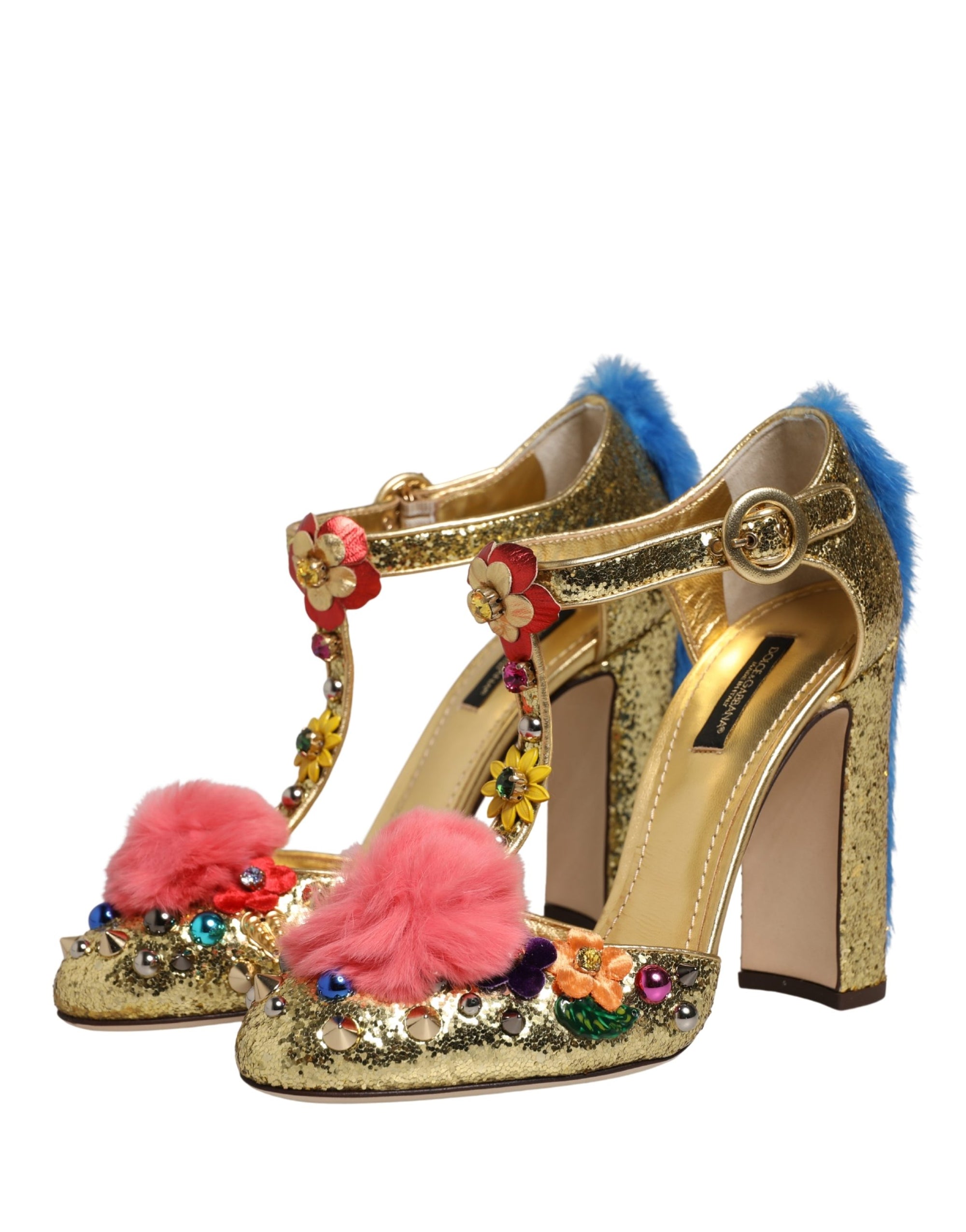 Dolce &amp; Gabbana Gold Fur Trim Glitter T-strap Sandals Shoes