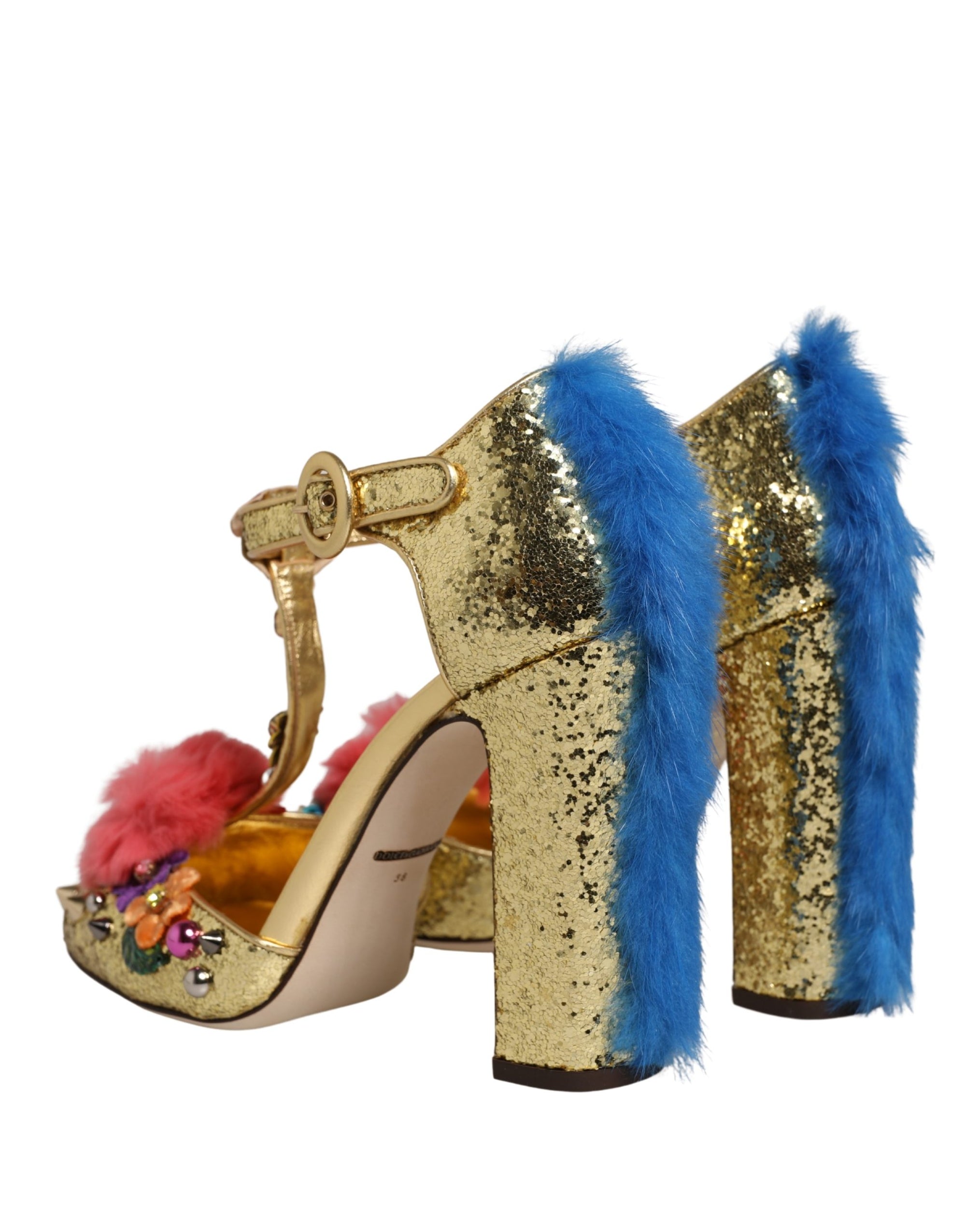 Dolce &amp; Gabbana Gold Fur Trim Glitter T-strap Sandals Shoes