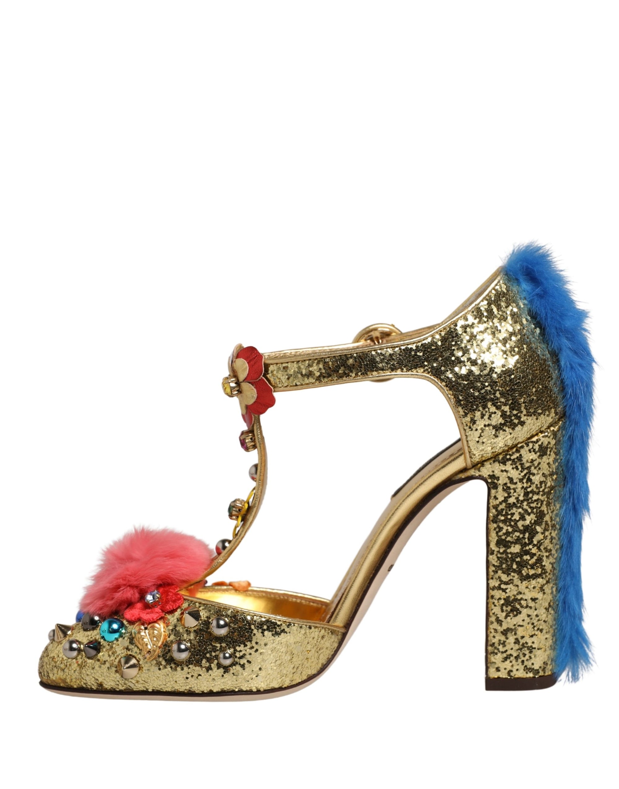 Dolce &amp; Gabbana Gold Fur Trim Glitter T-strap Sandals Shoes