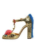 Dolce & Gabbana Gold Fur Trim Glitter T-strap Sandals Shoes