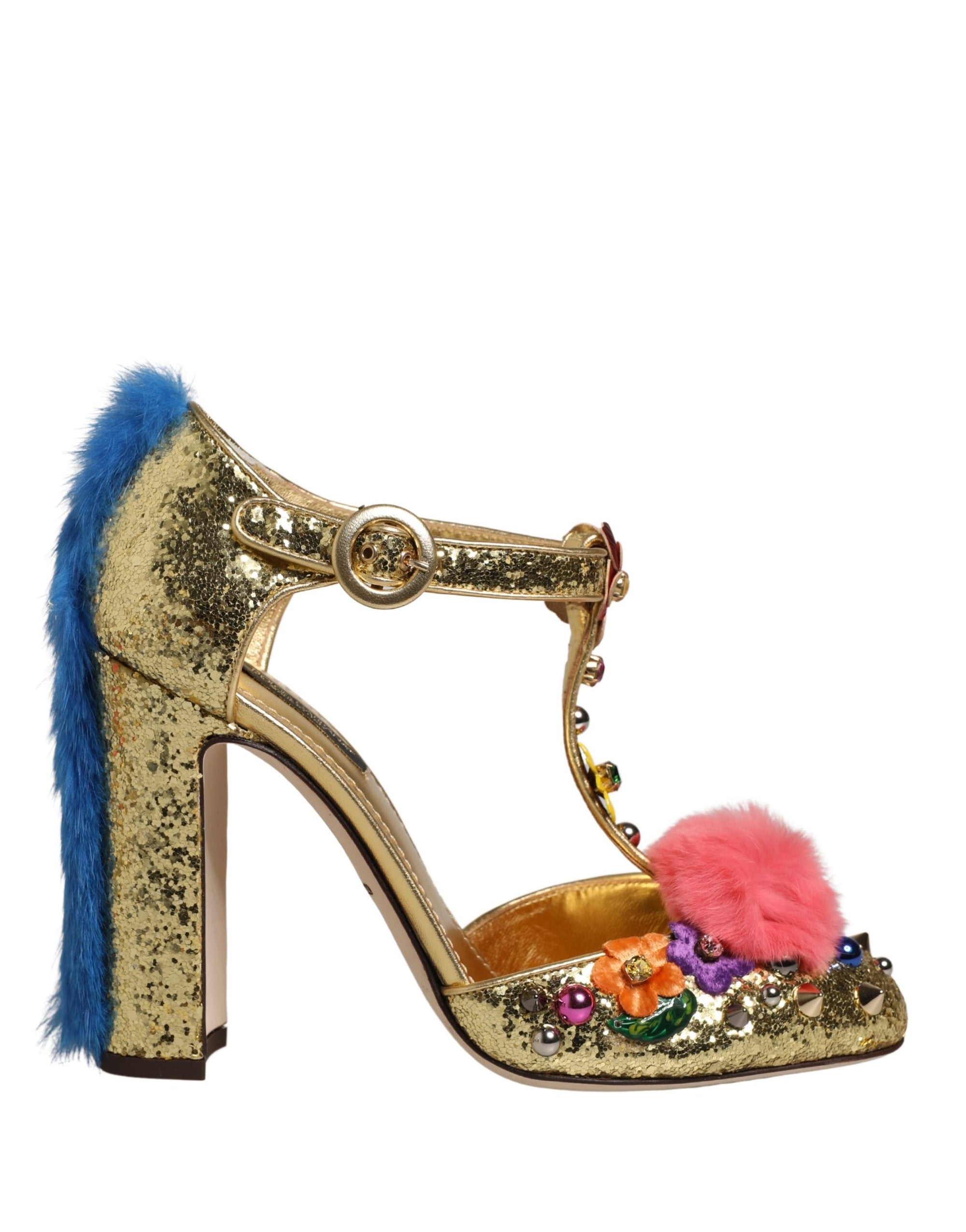 Dolce &amp; Gabbana Gold Fur Trim Glitter T-strap Sandals Shoes