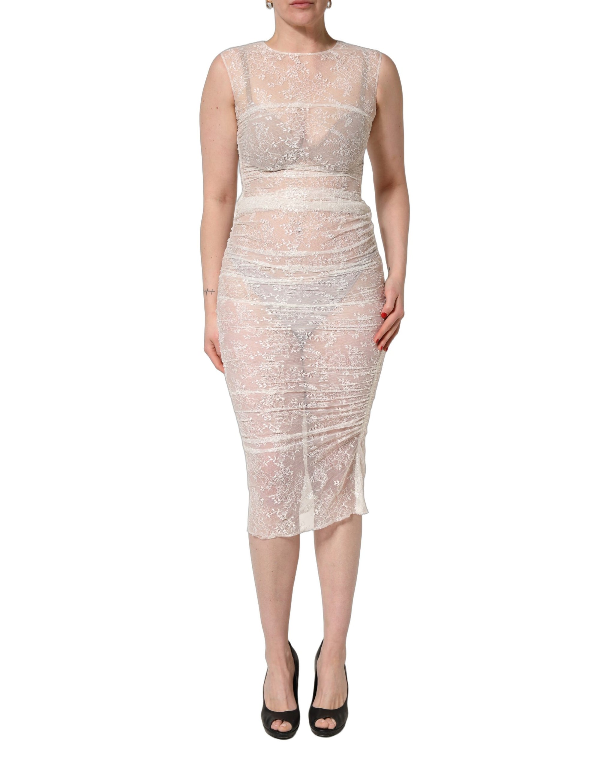 Dolce &amp; Gabbana White Floral Lace Sheer Sleeveless Midi Dress