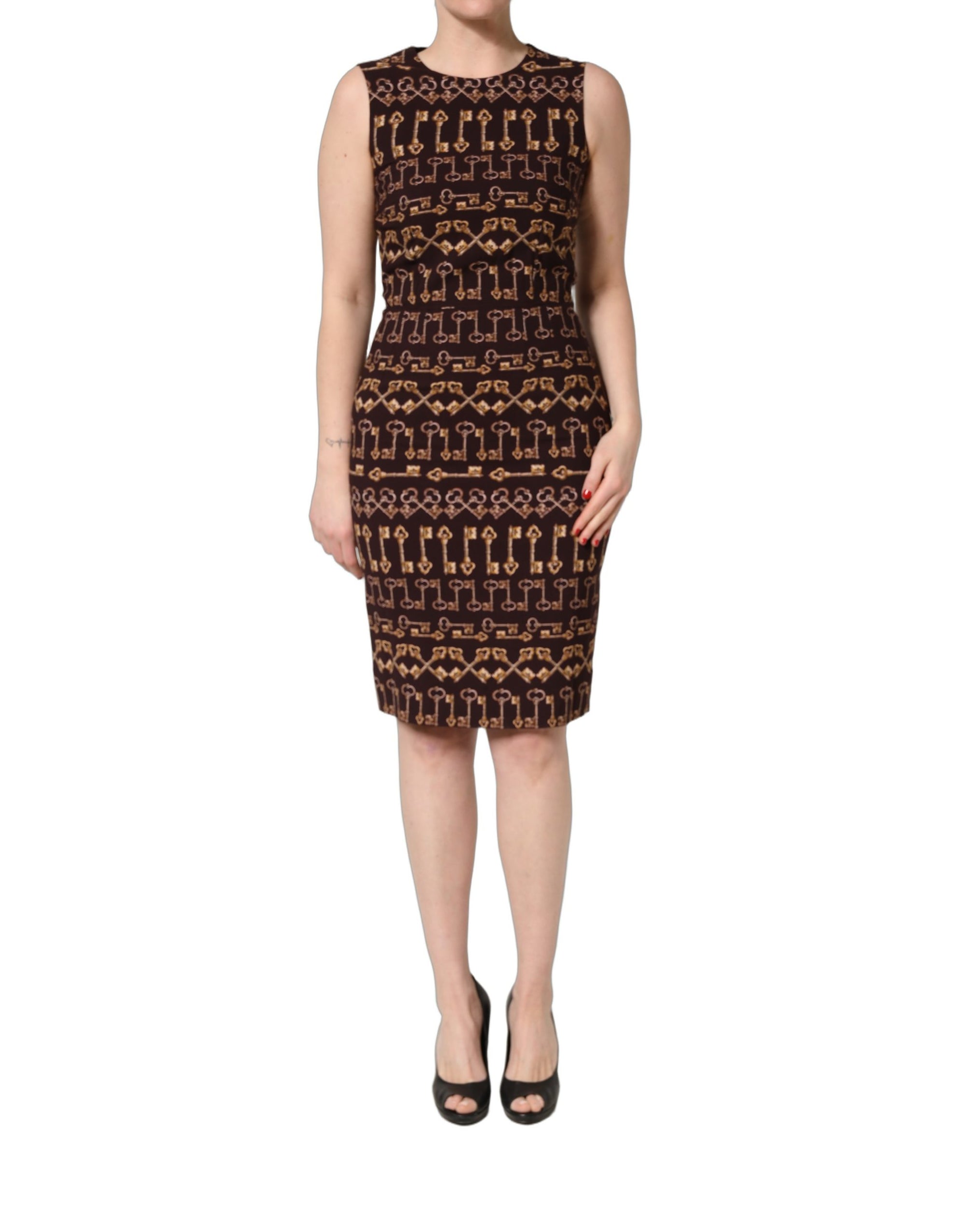 Dolce &amp; Gabbana Brown Keys Fitted Sheath Knee Length Dress