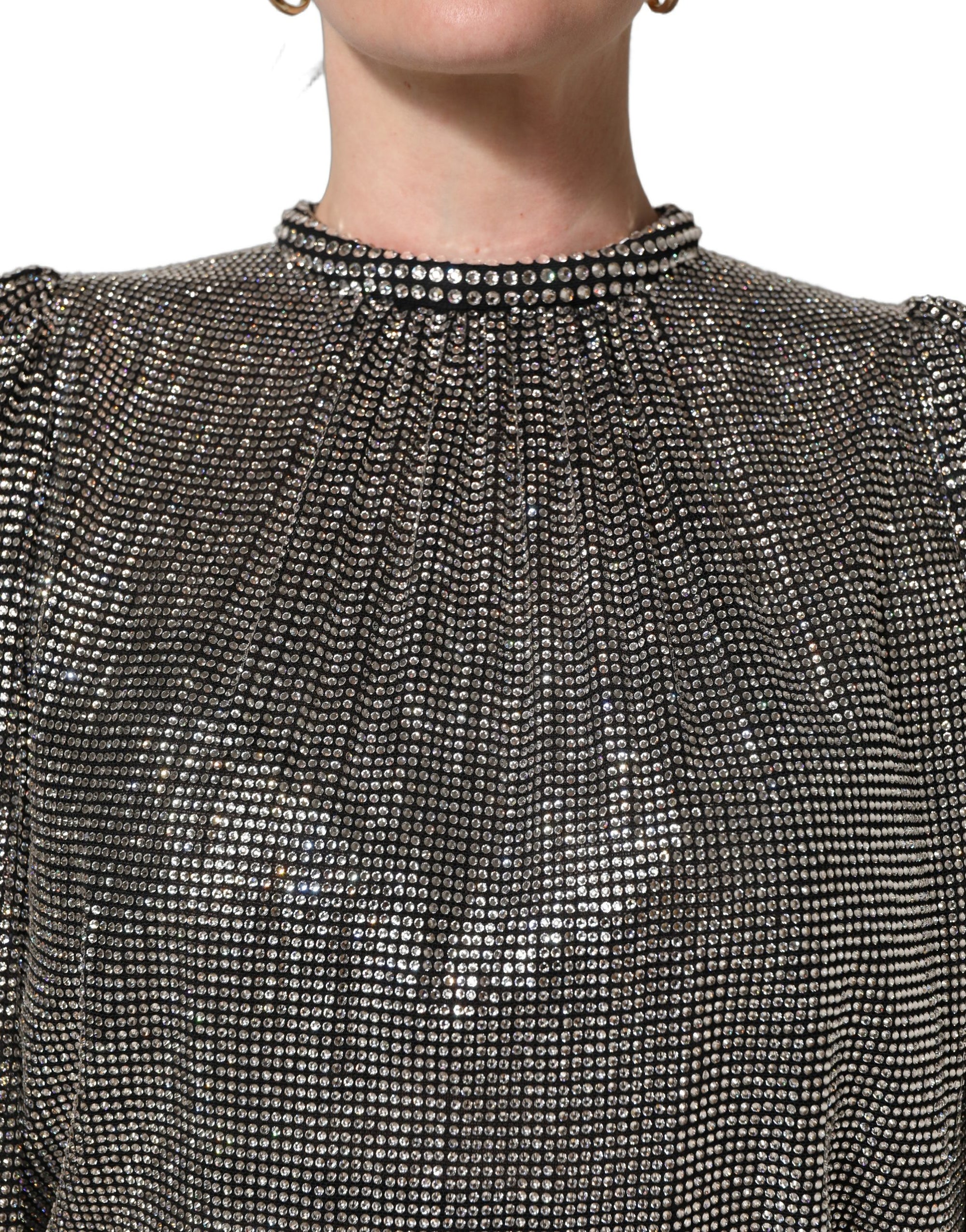 Dolce &amp; Gabbana Silver Rhinestones Long Sleeves Bodysuit Mini Dress