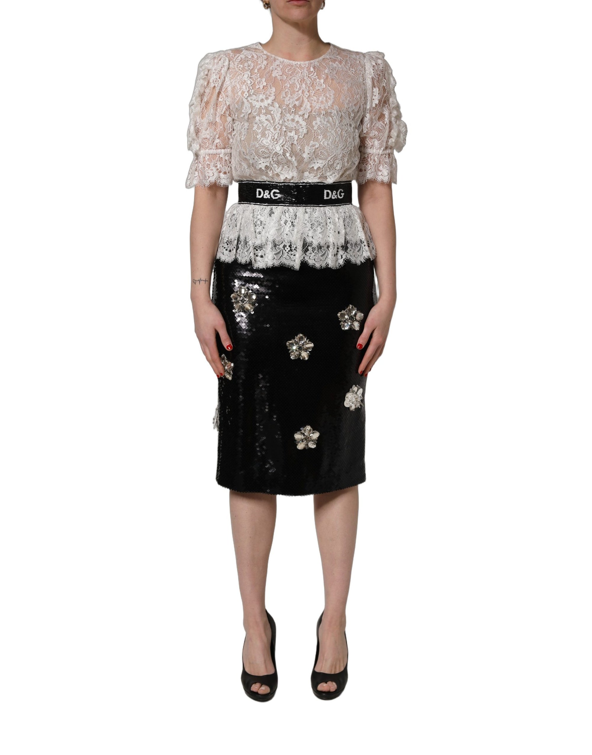 Dolce &amp; Gabbana White Lace Top Embellished Black Skirt Dress
