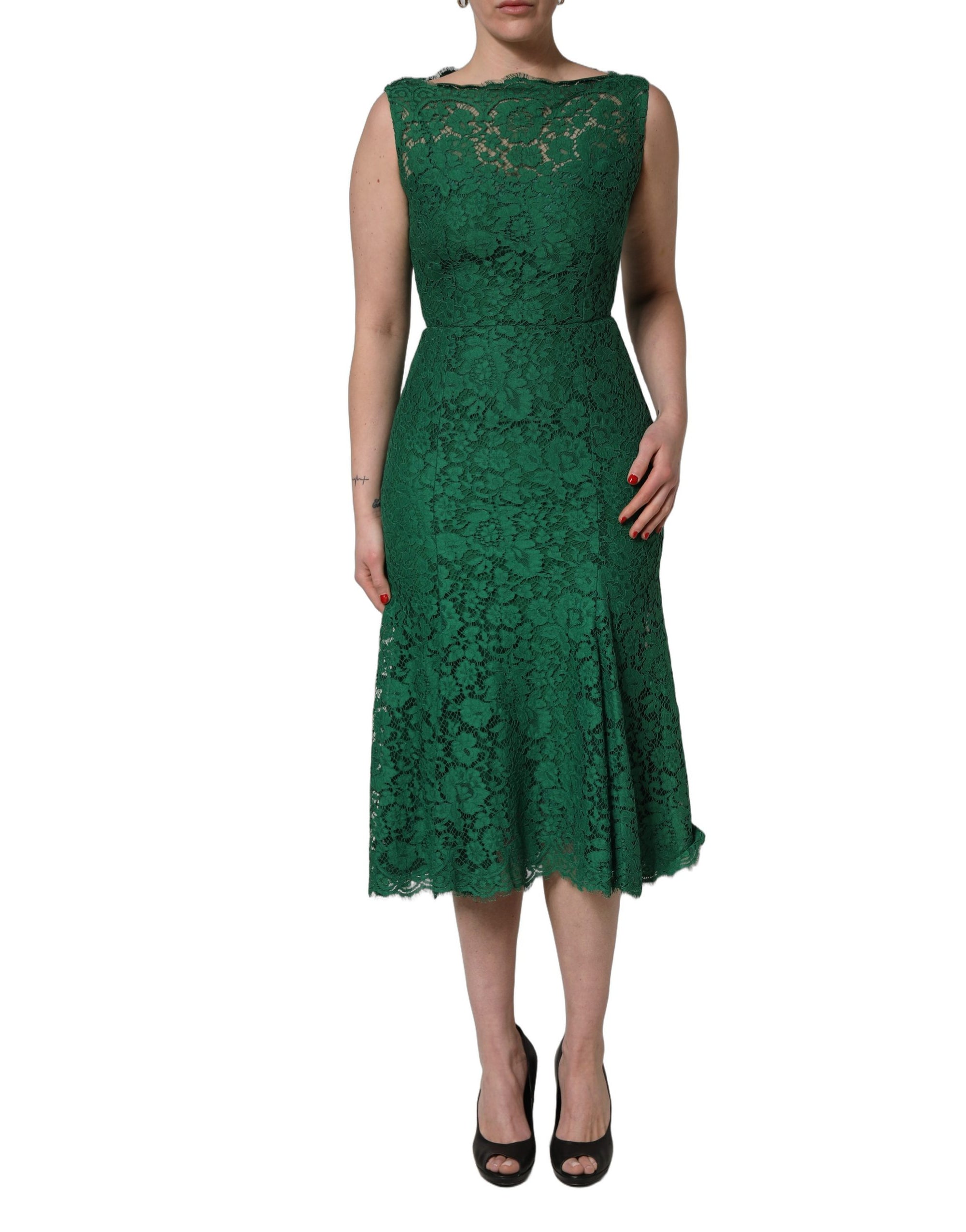 Dolce &amp; Gabbana Green Floral Lace Cotton Sleeveless Midi Dress