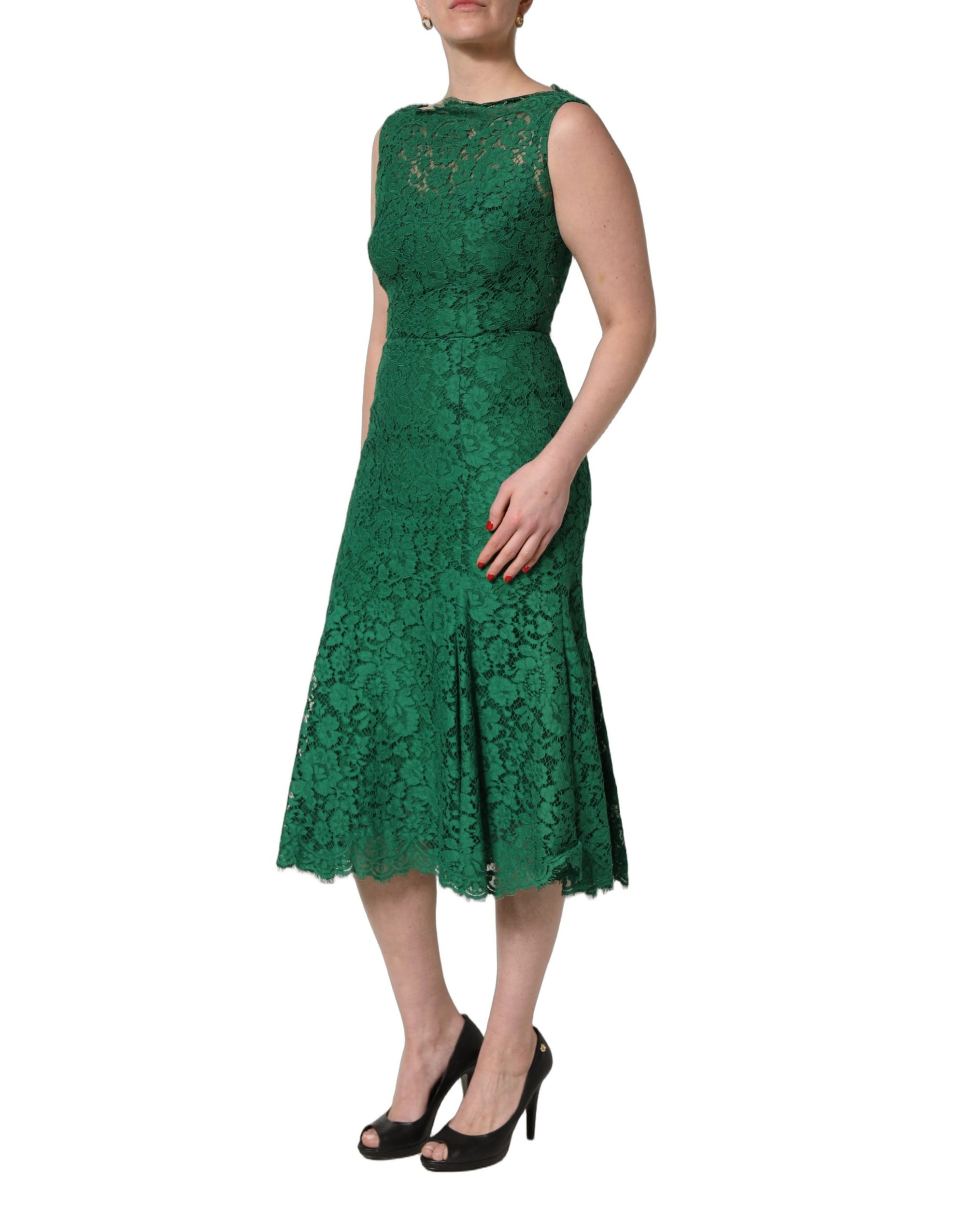 Dolce &amp; Gabbana Green Floral Lace Cotton Sleeveless Midi Dress