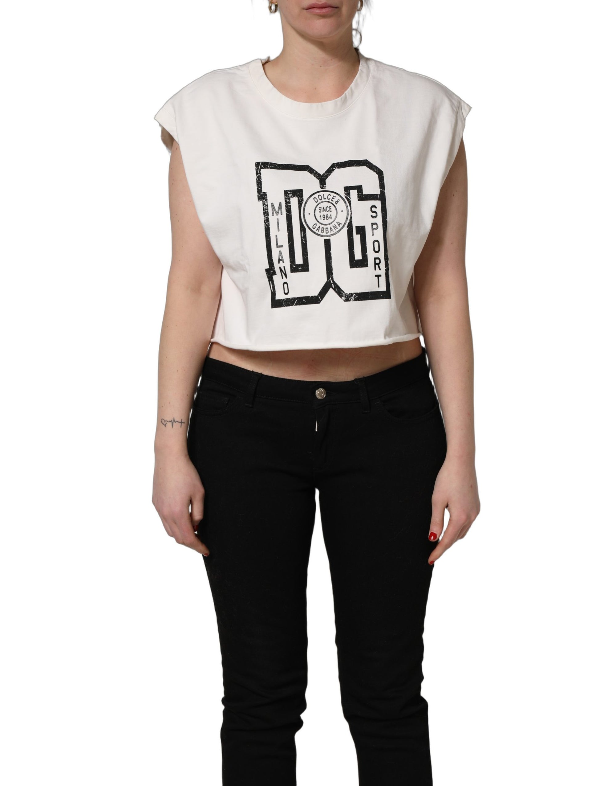 Dolce &amp; Gabbana White Cotton DG Logo Print Cropped Jersey Top