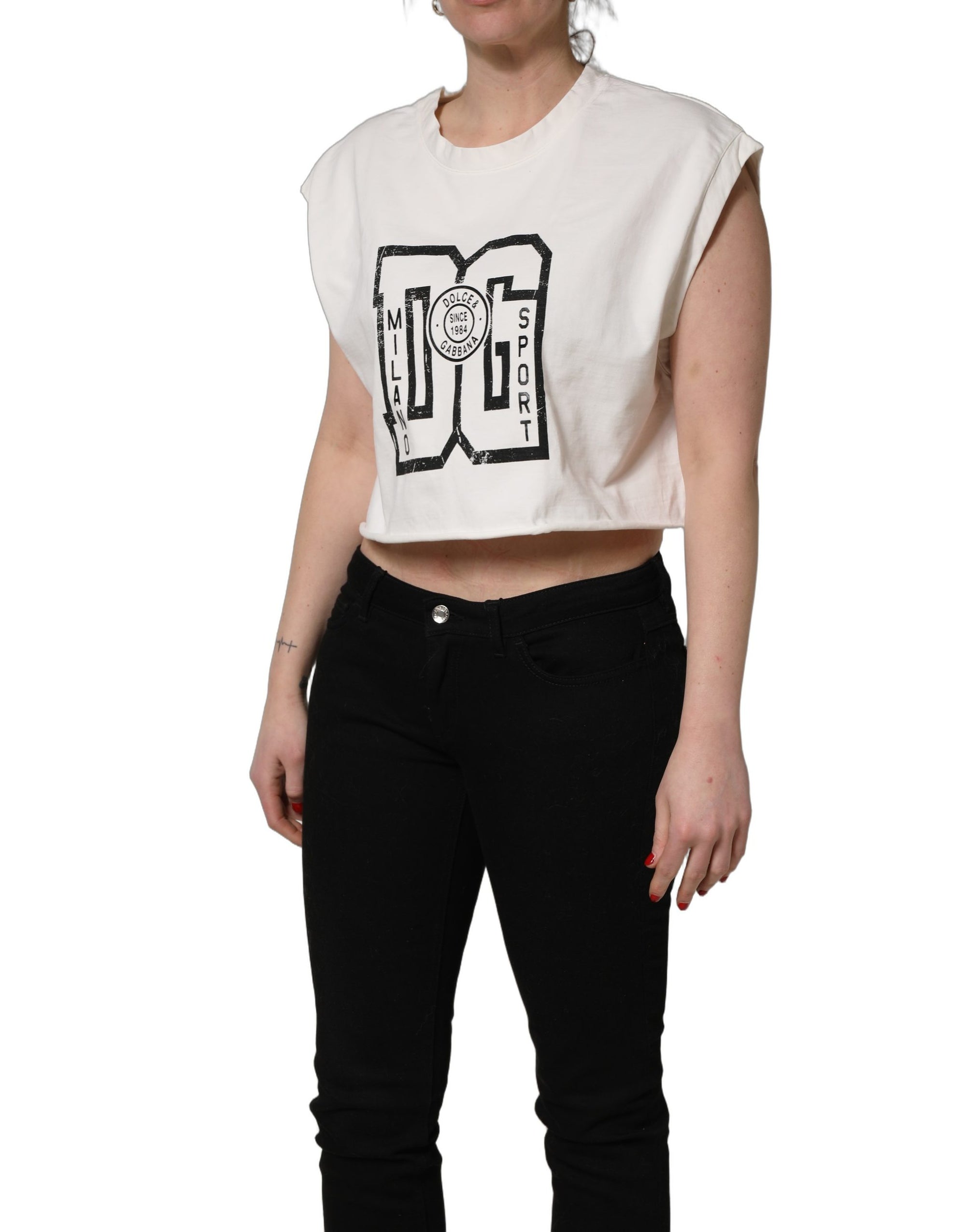 Dolce &amp; Gabbana White Cotton DG Logo Print Cropped Jersey Top
