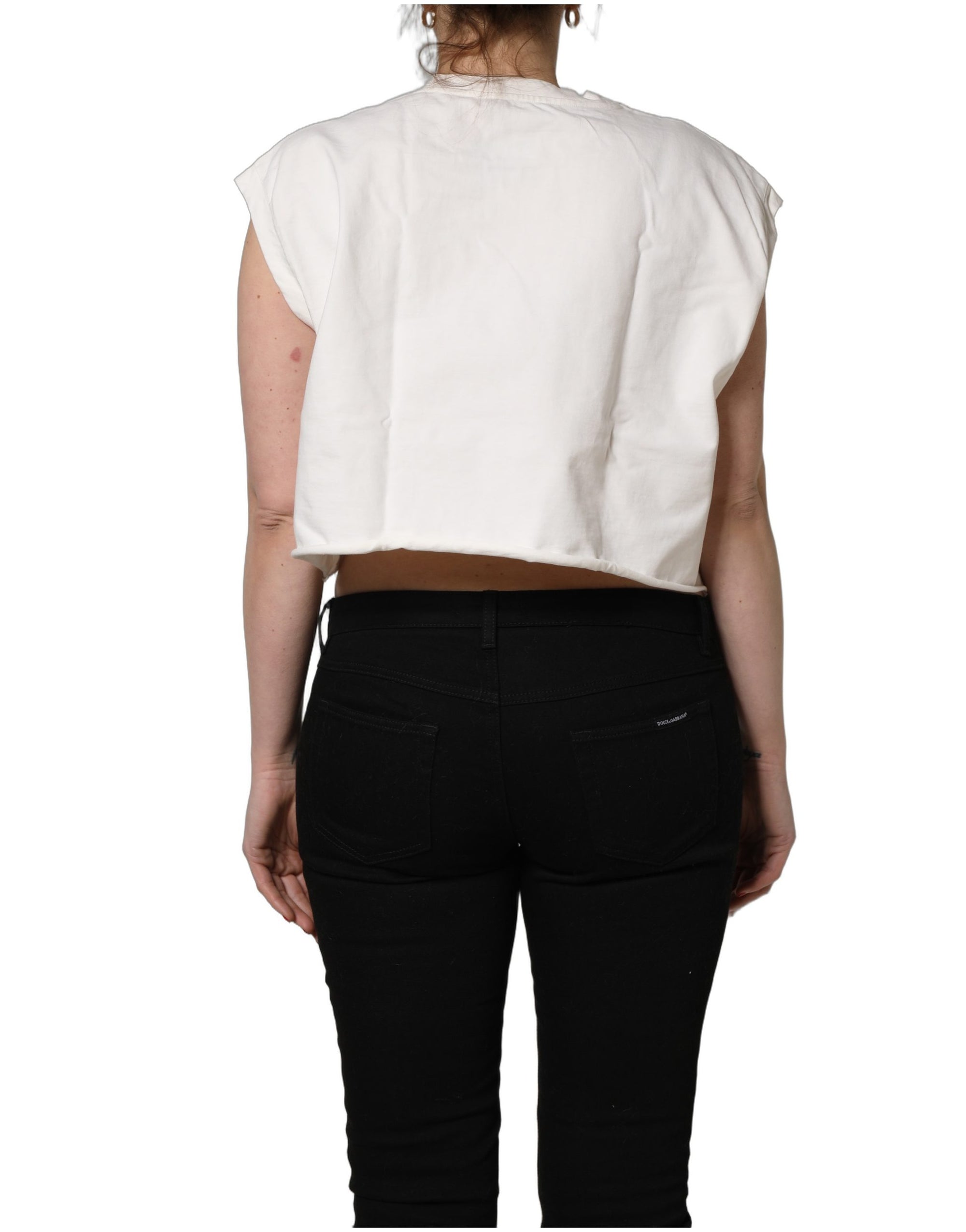 Dolce &amp; Gabbana White Cotton DG Logo Print Cropped Jersey Top