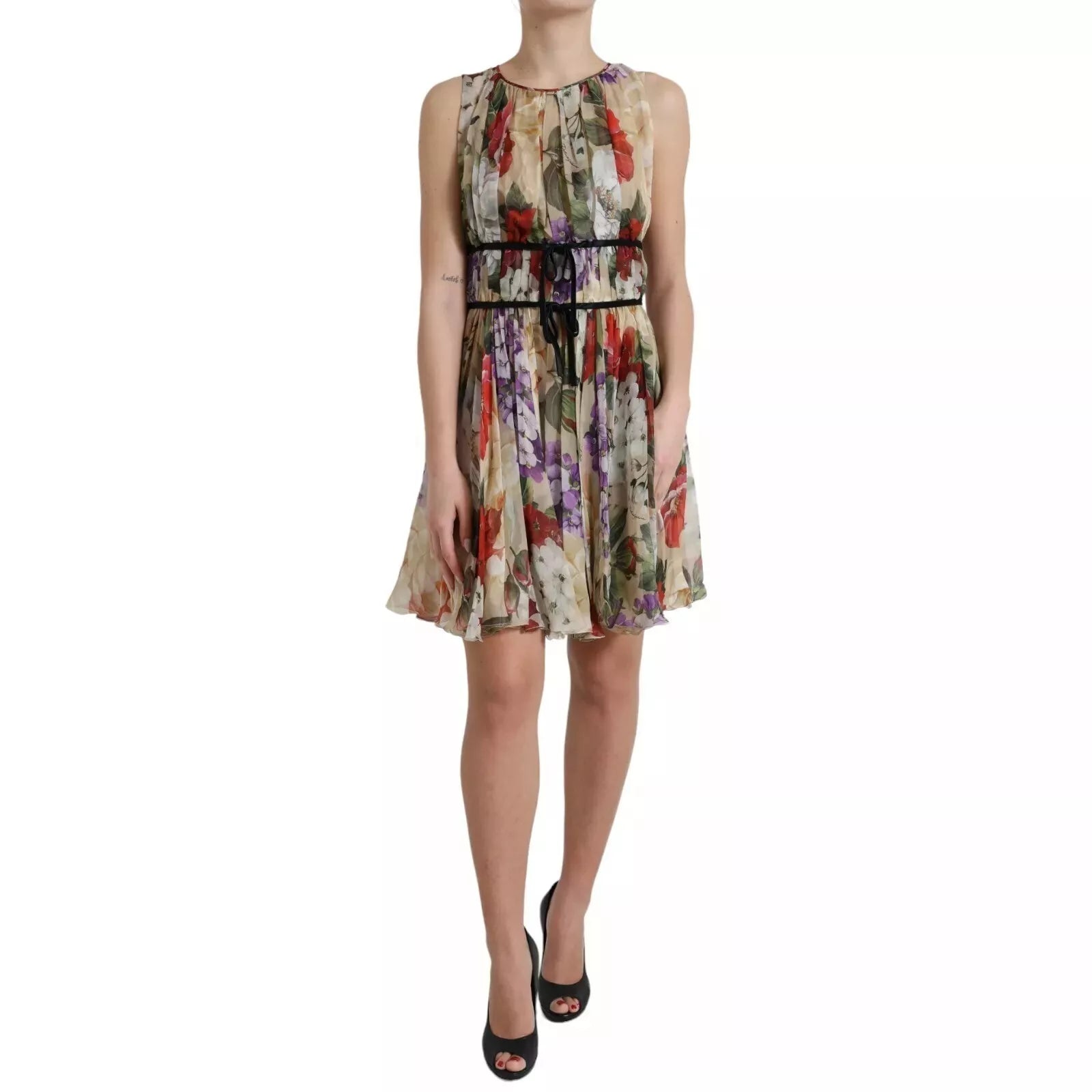 Dolce &amp; Gabbana Beige Floral Sleeveless A-line Mini Dress