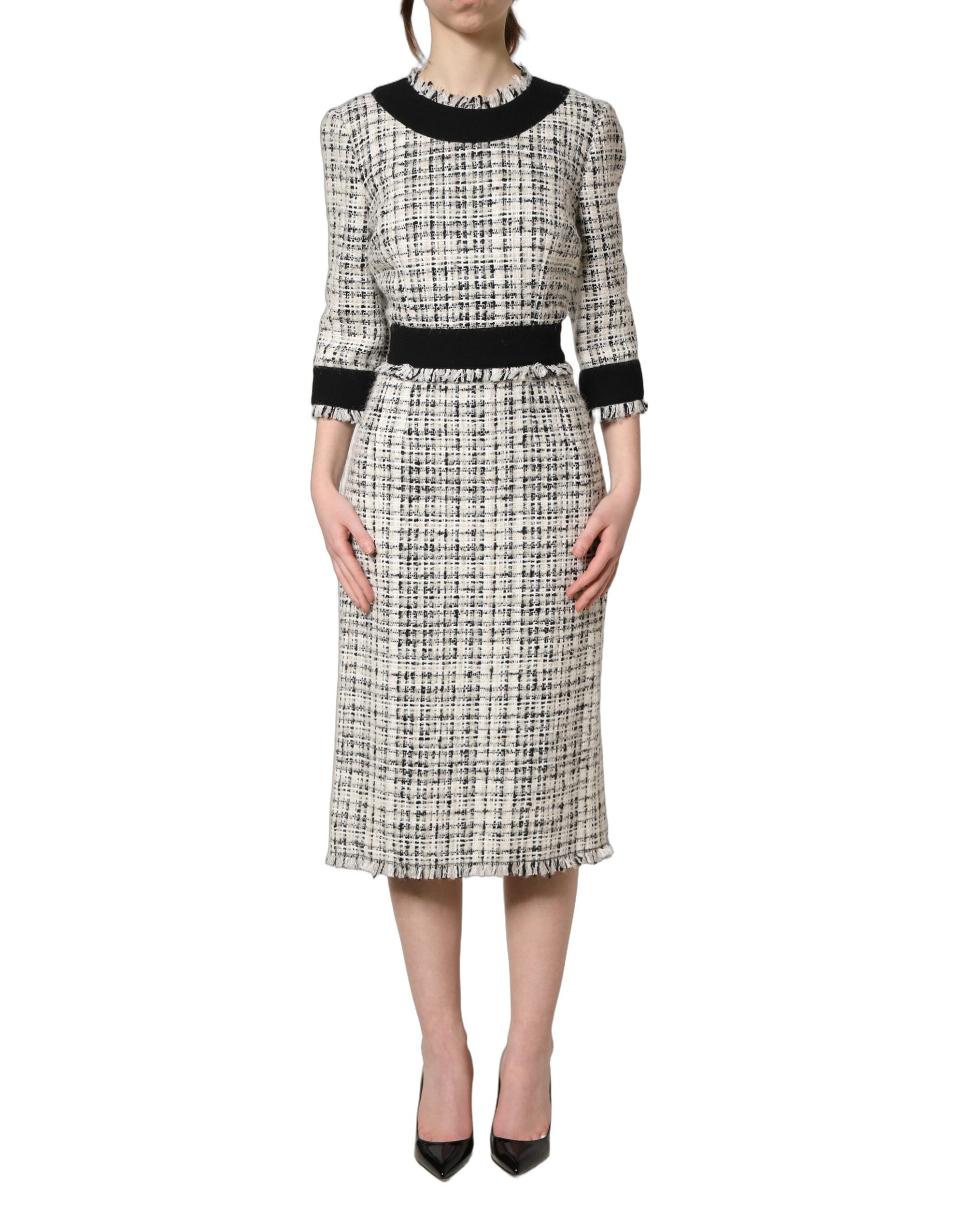 Dolce &amp; Gabbana Black White Tweed Sheath A-line Midi Dress