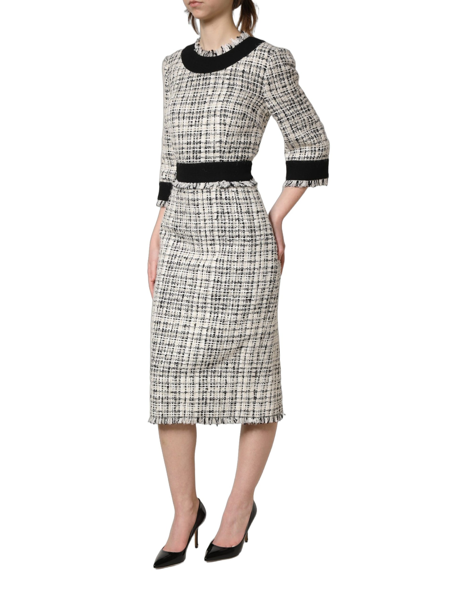 Dolce &amp; Gabbana Black White Tweed Sheath A-line Midi Dress