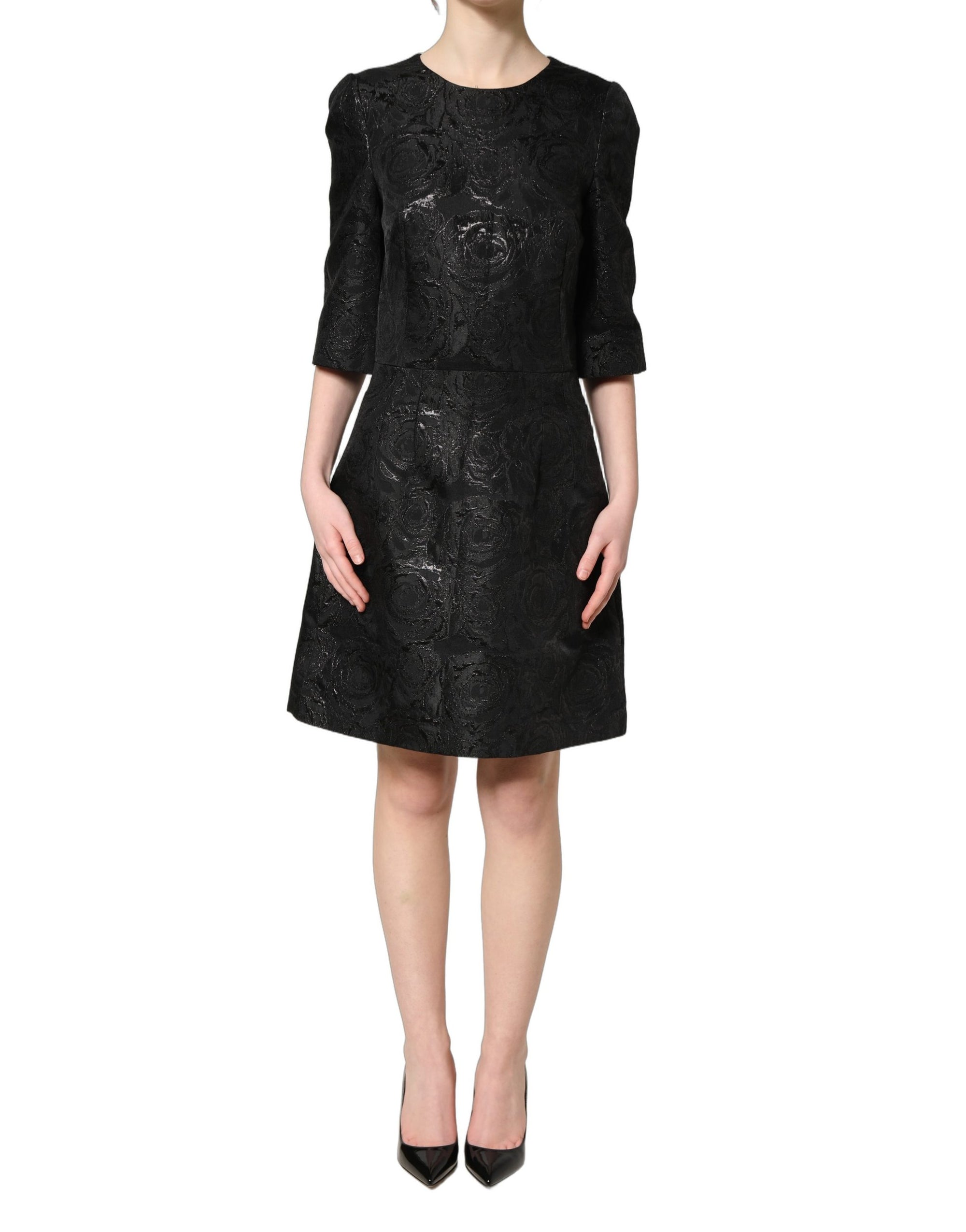 Dolce &amp; Gabbana Black Floral Jacquard Flared A-line Dress