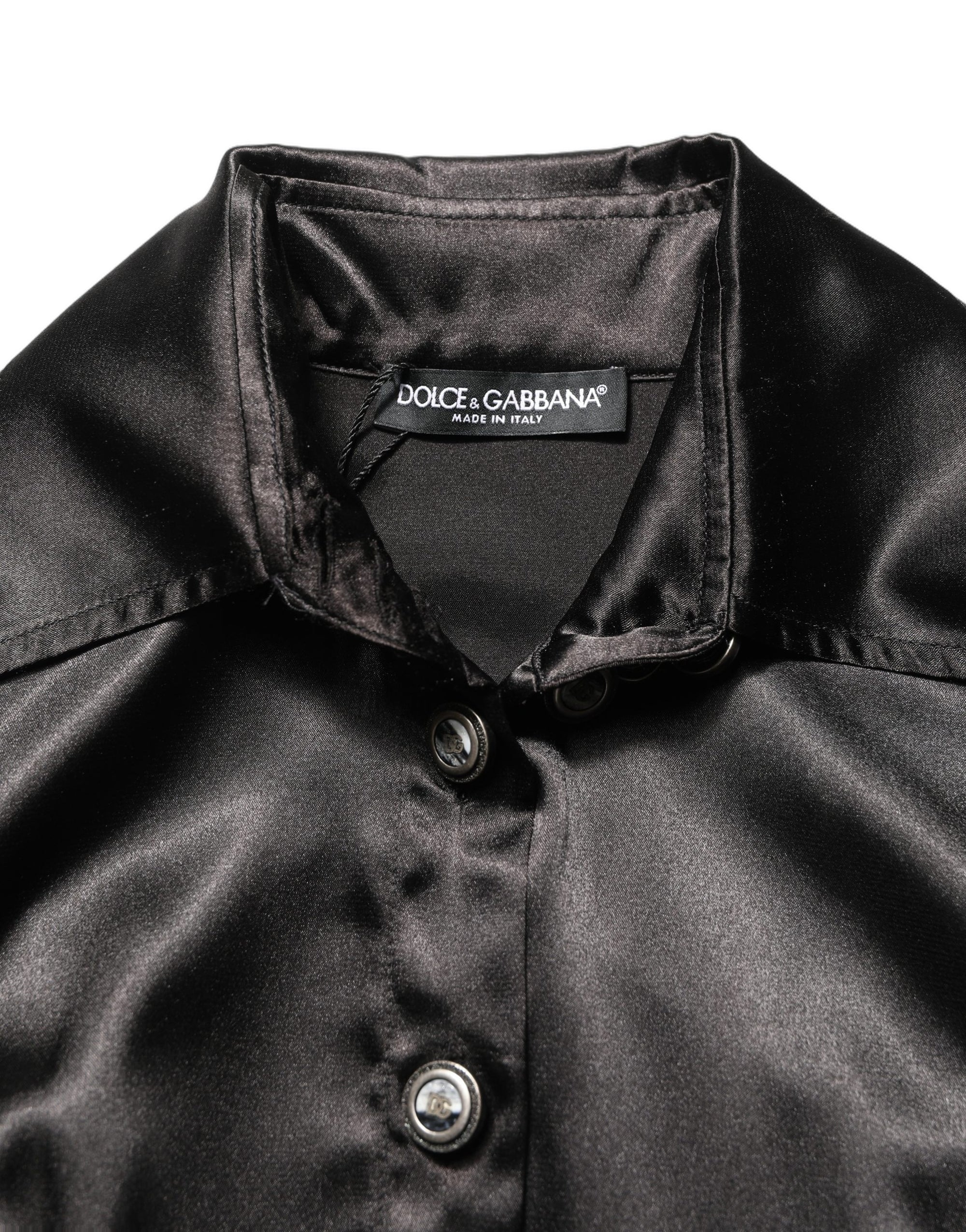 Dolce &amp; Gabbana Black Satin Long Puff Sleeves Pleated Dress