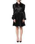 Dolce & Gabbana Black Satin Long Puff Sleeves Pleated Dress