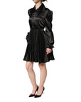 Dolce & Gabbana Black Satin Long Puff Sleeves Pleated Dress