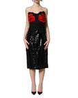 Dolce & Gabbana Black Strapless Red Rose Sequined Midi Dress