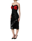 Dolce & Gabbana Black Strapless Red Rose Sequined Midi Dress