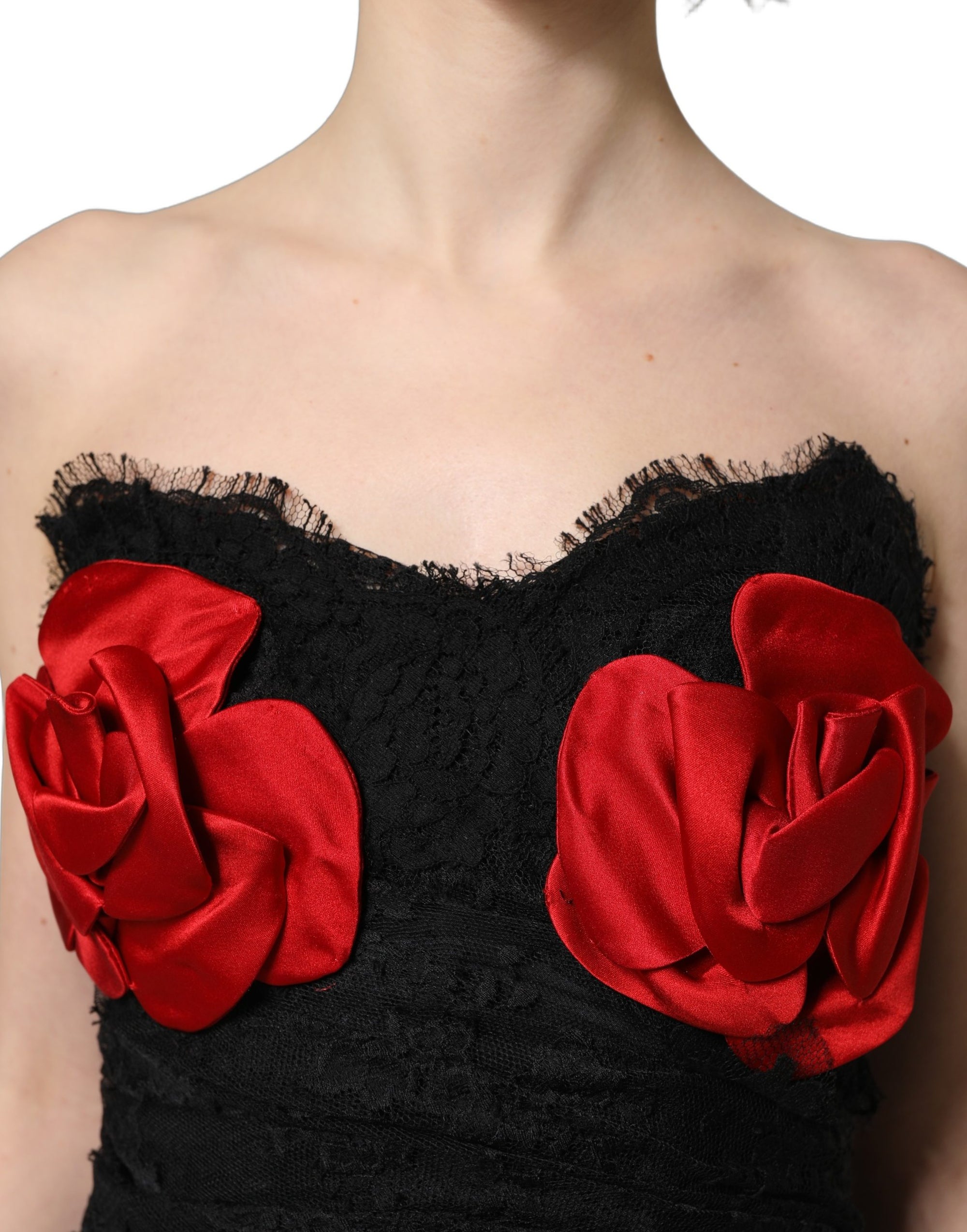Dolce &amp; Gabbana Black Strapless Red Rose Sequined Midi Dress
