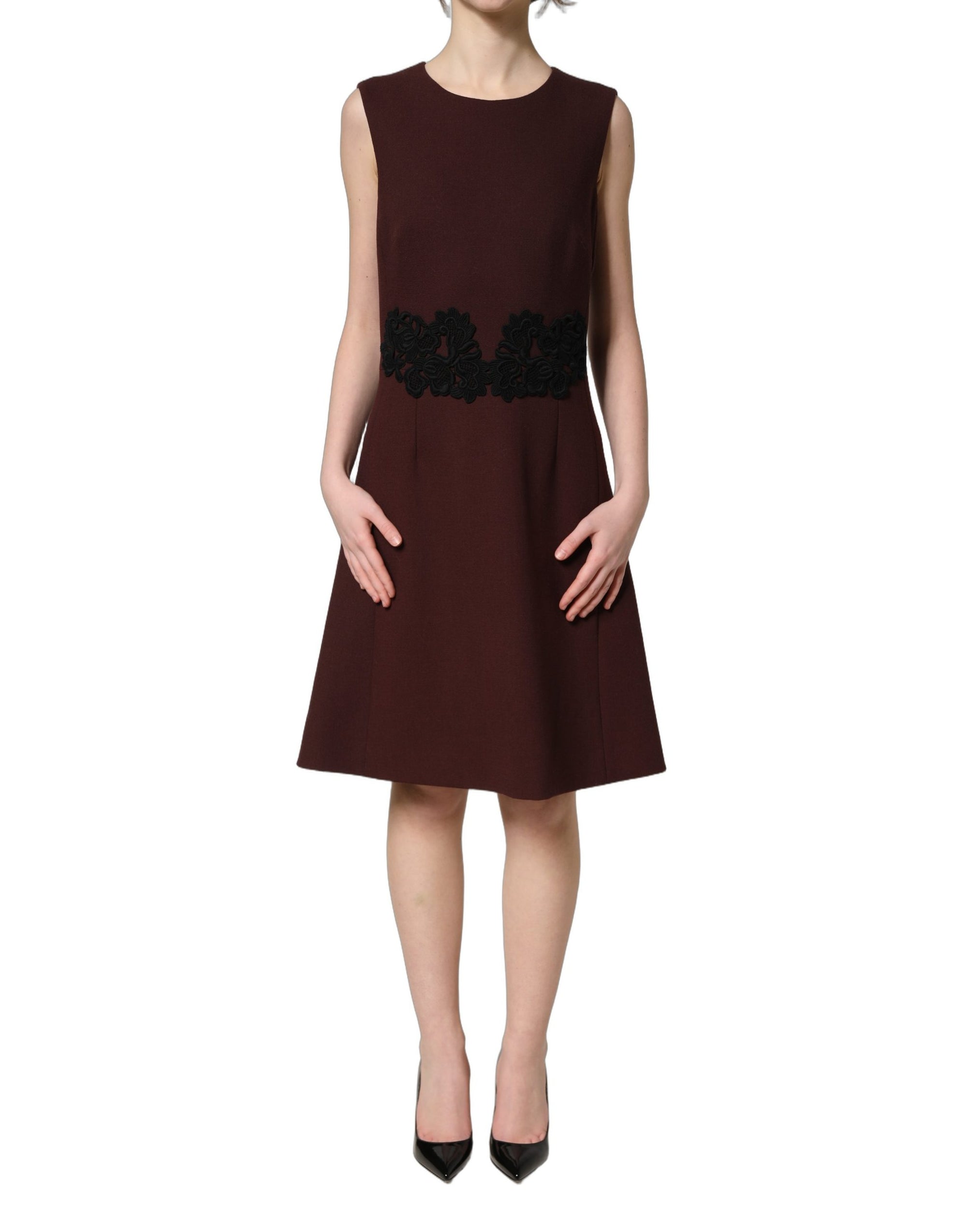 Dolce &amp; Gabbana Maroon Lace Sleeveless Knee Length Dress