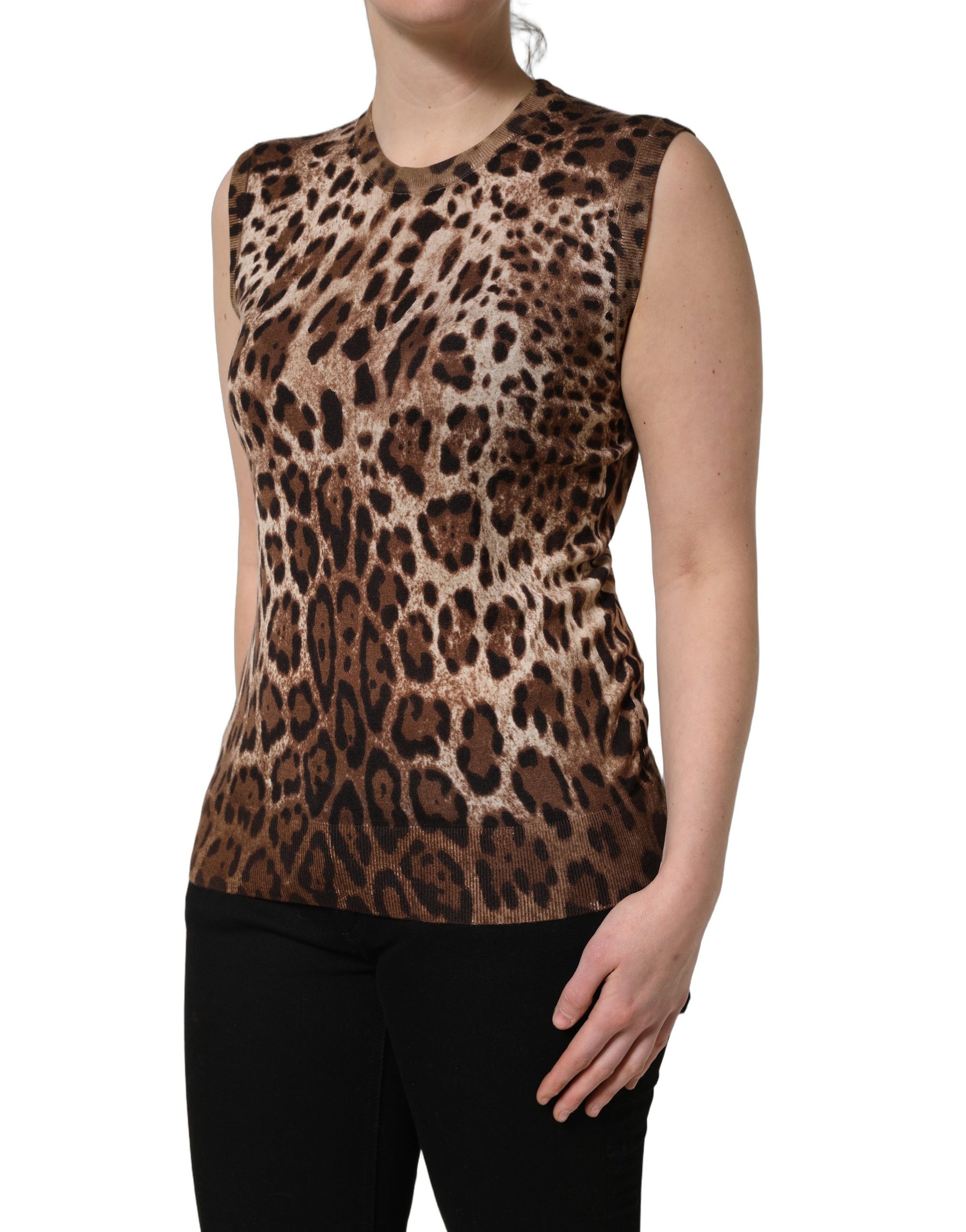 Dolce &amp; Gabbana Brown Leopard Crew Neck Sleeveless Tank Top